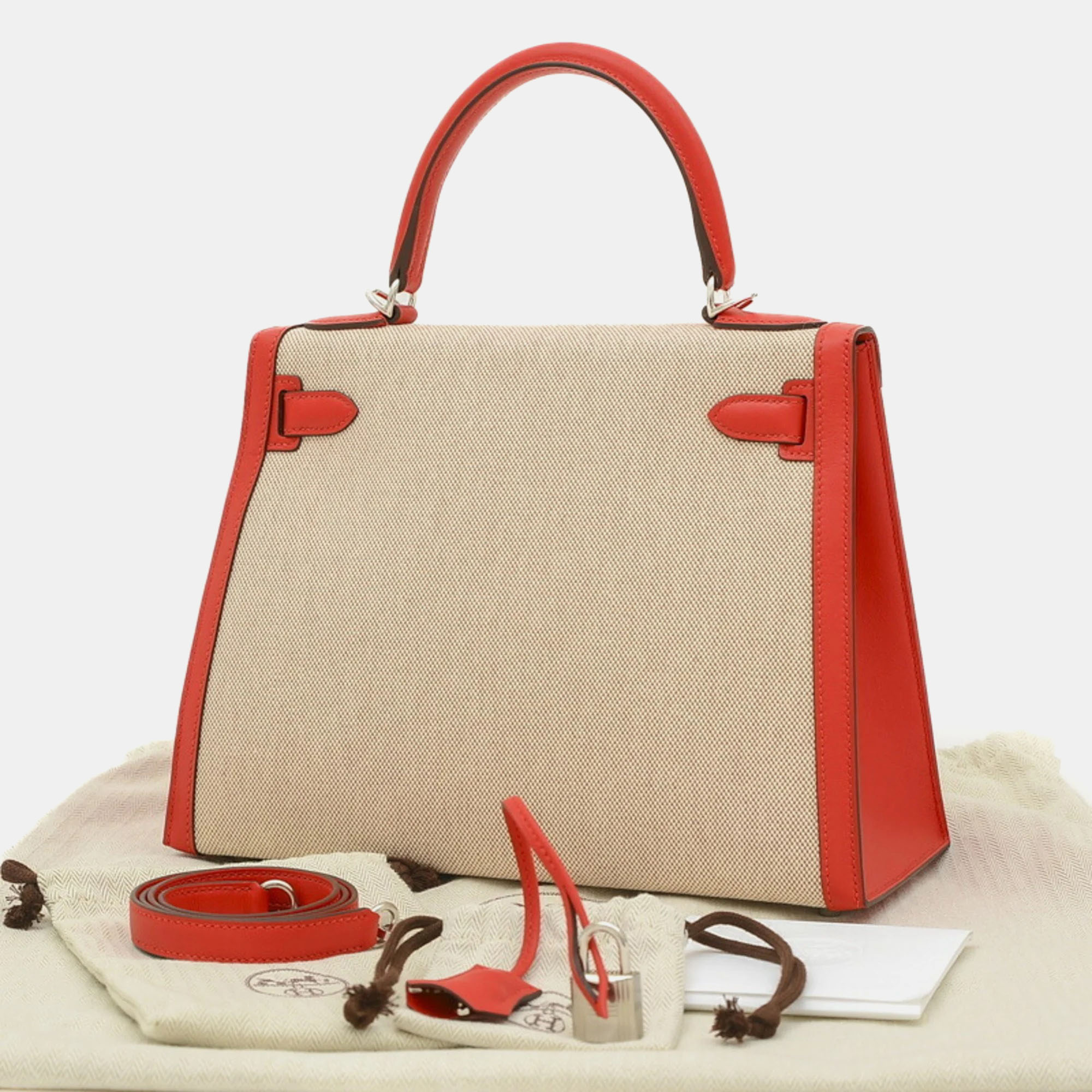 Hermes Ecru Rouge Coeur Toile H Swift Kelly 28 Handbag