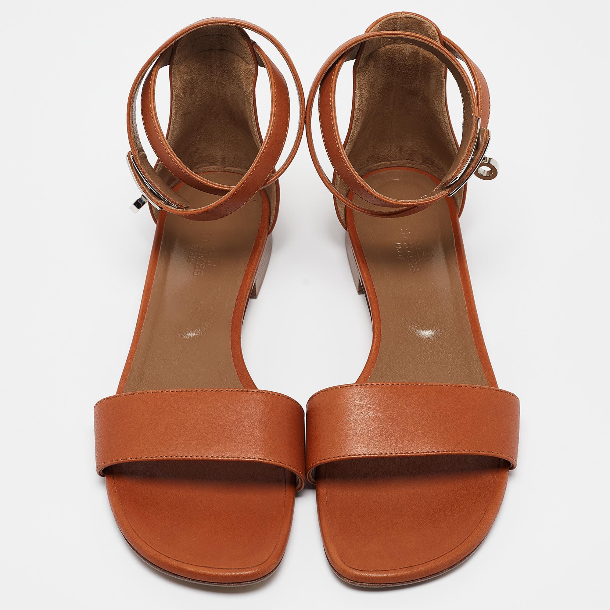 Hermes Brown Leather Manege Ankle Strap Flat Sandals Size 39