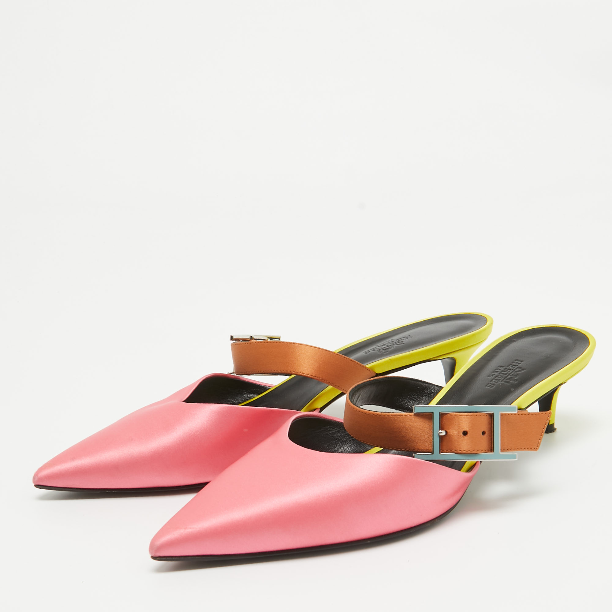 Hermes Tricolor Satin And Leather Blink Mule Size 39