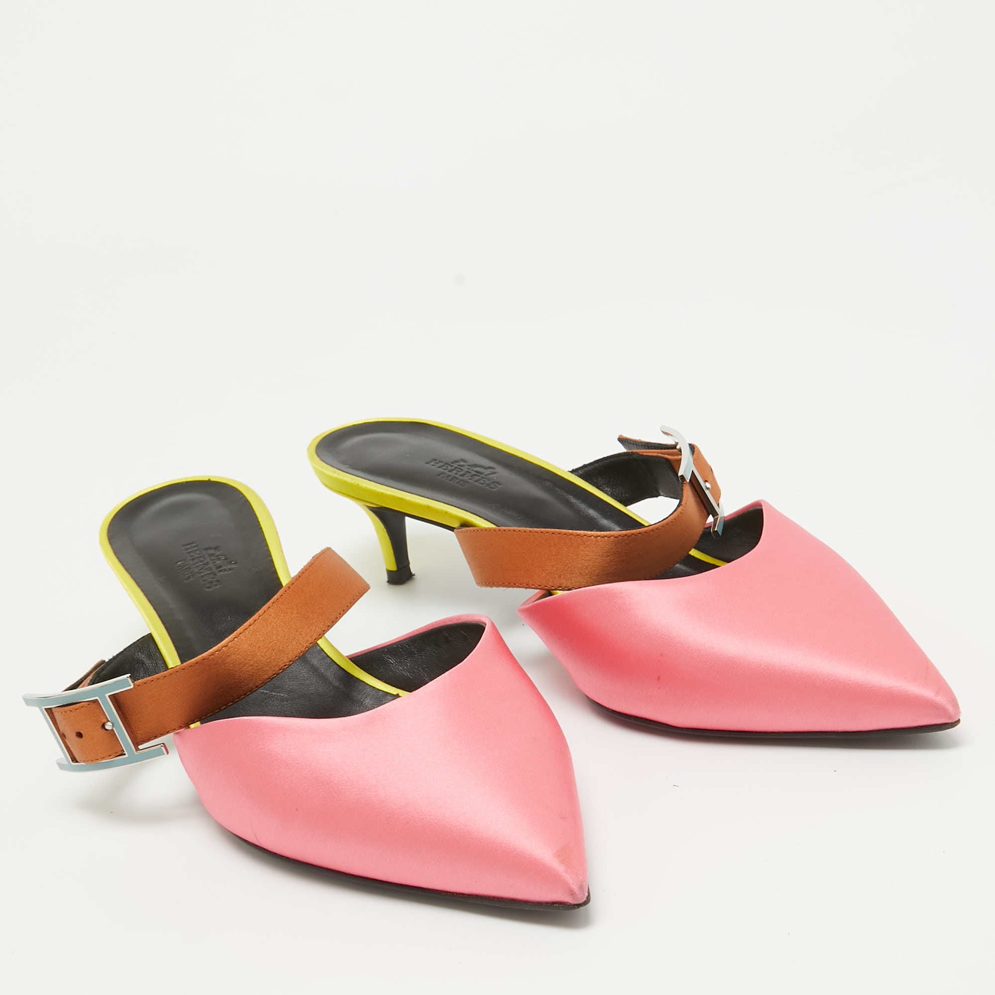 Hermes Tricolor Satin And Leather Blink Mule Size 39