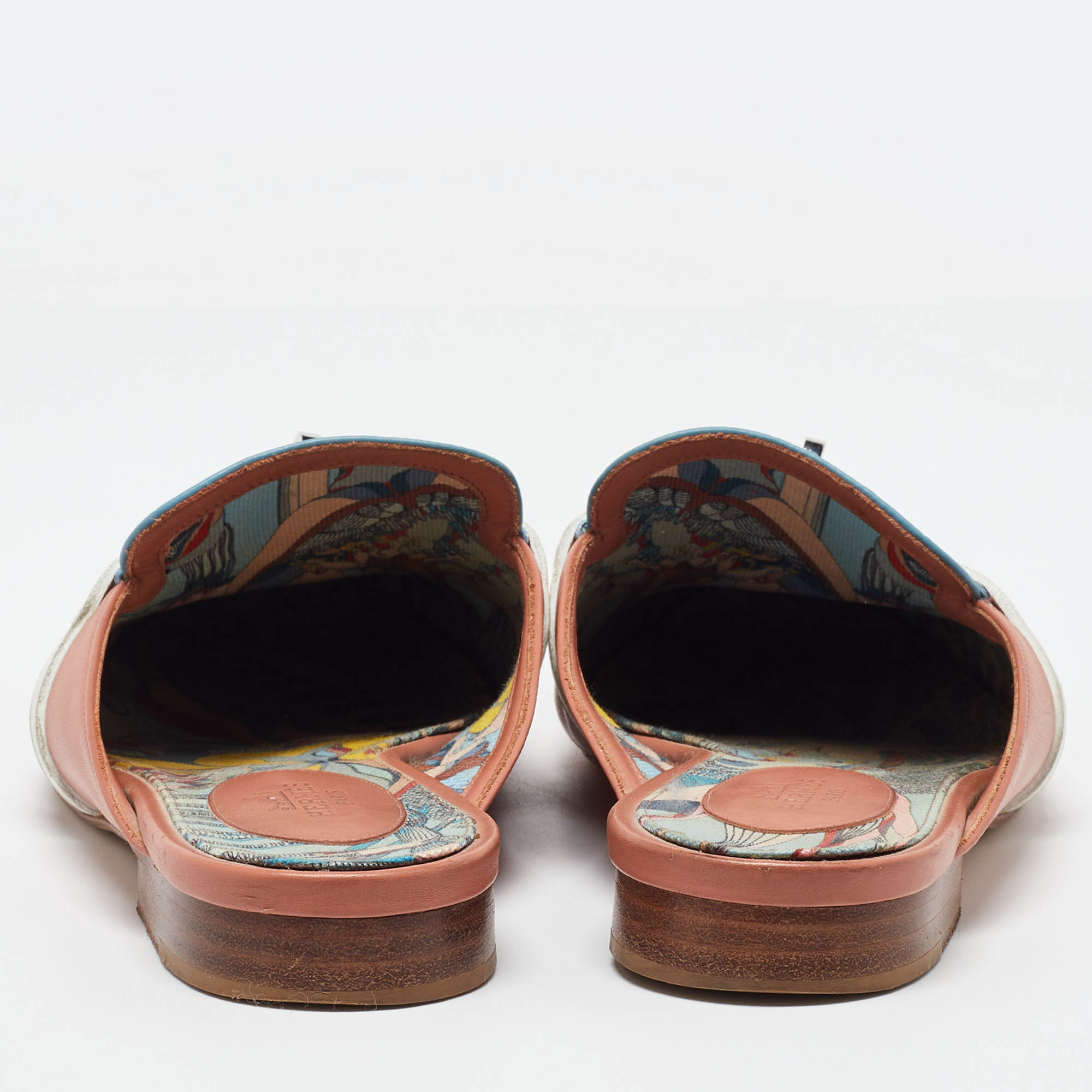 Hermes Pink/Blue Leather Oz Flat Mules Size 38