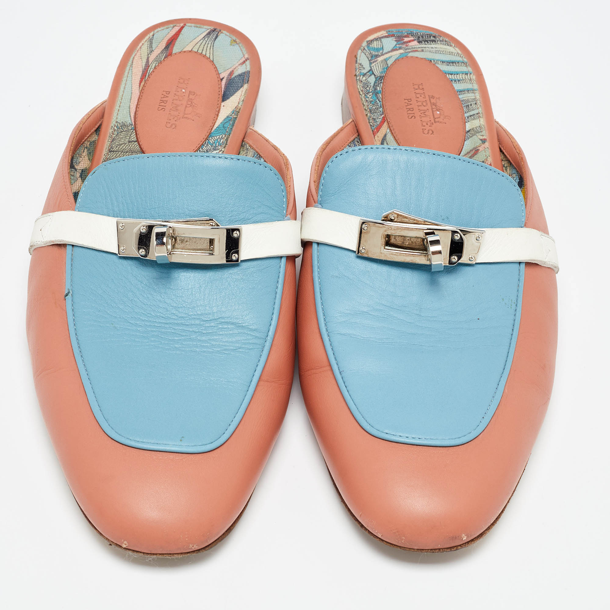 Hermes Pink/Blue Leather Oz Flat Mules Size 38