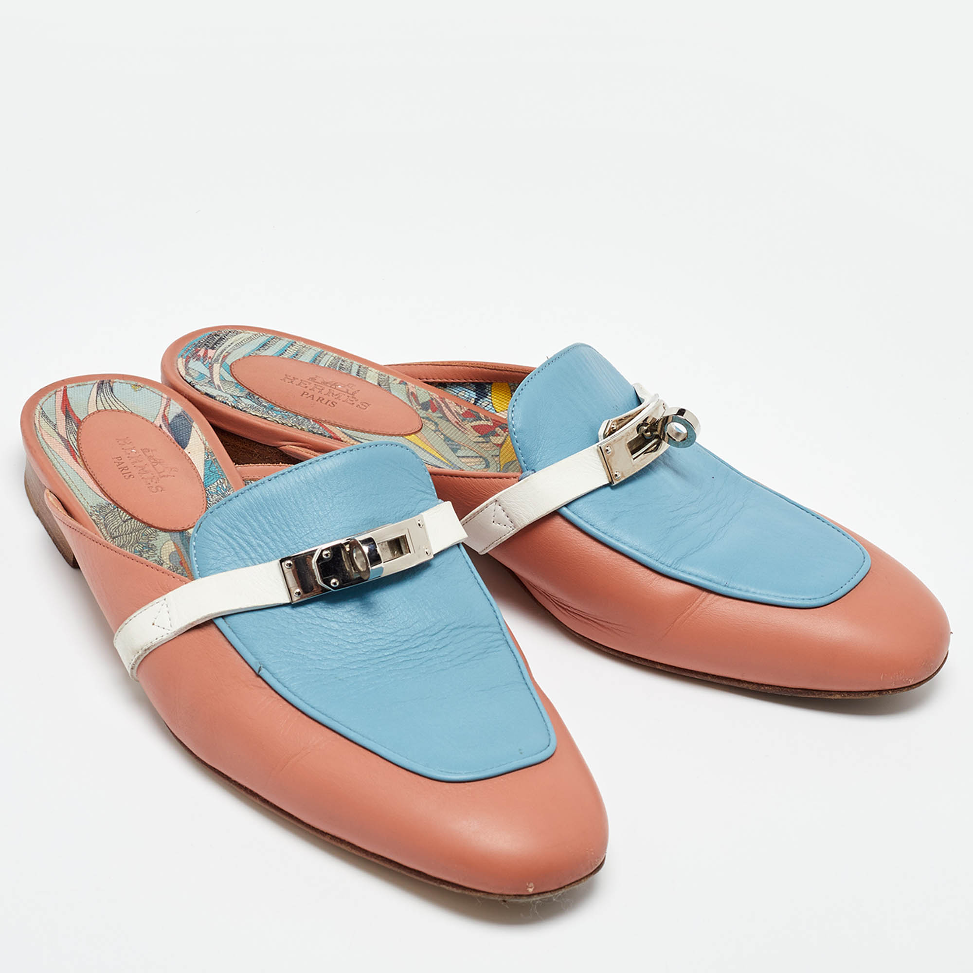 Hermes Pink/Blue Leather Oz Flat Mules Size 38