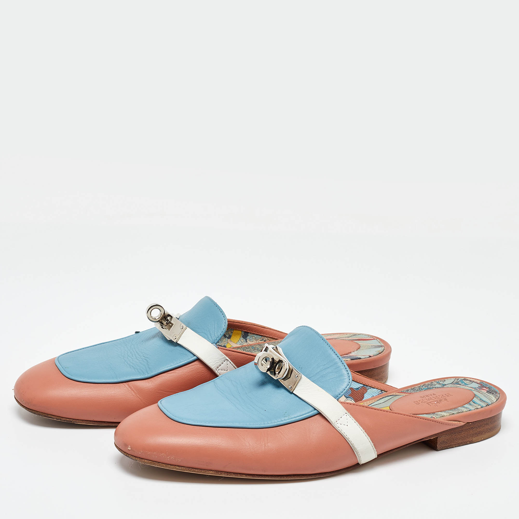 Hermes Pink/Blue Leather Oz Flat Mules Size 38