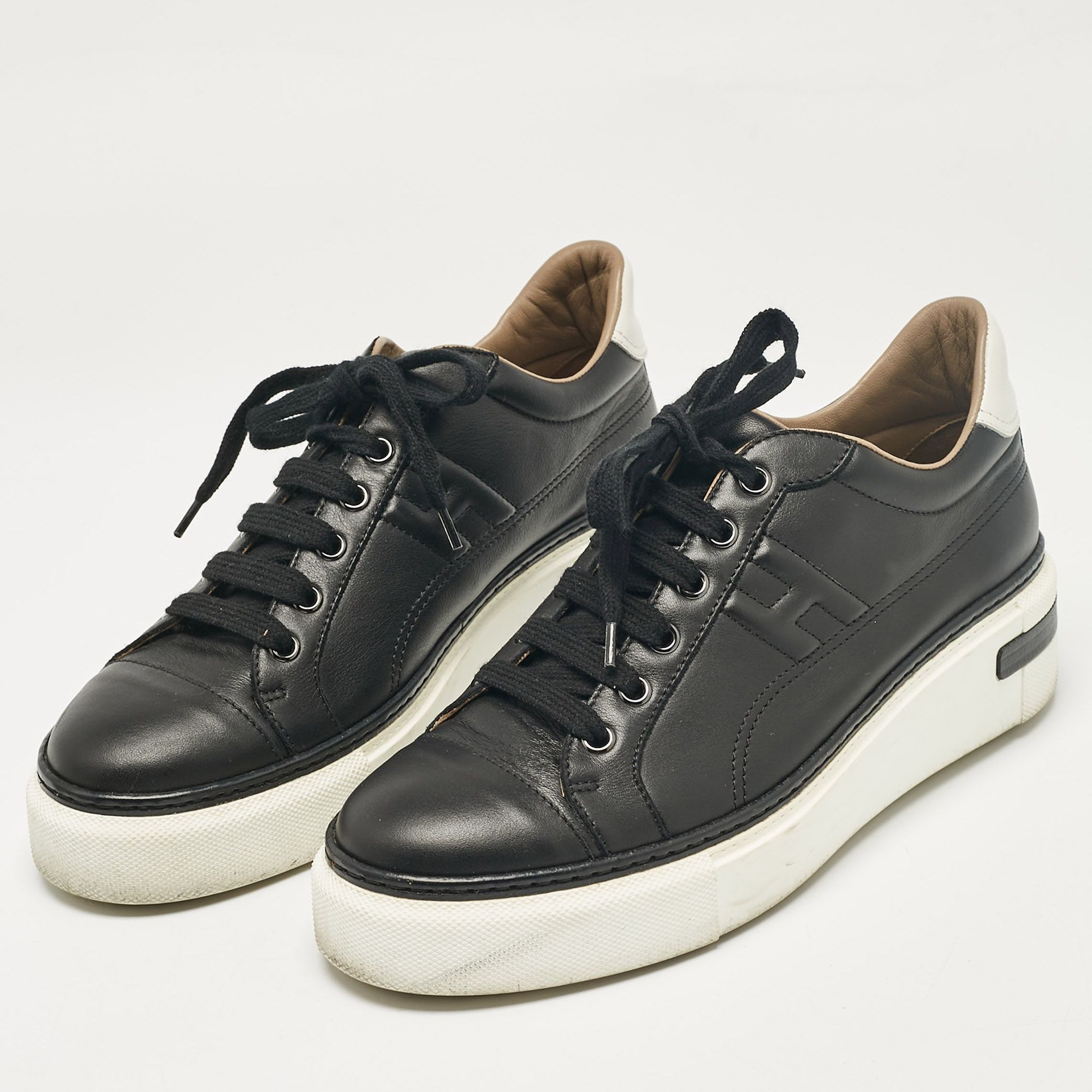 Hermes Black Leather Quicker Low Top Sneakers Size 39.5