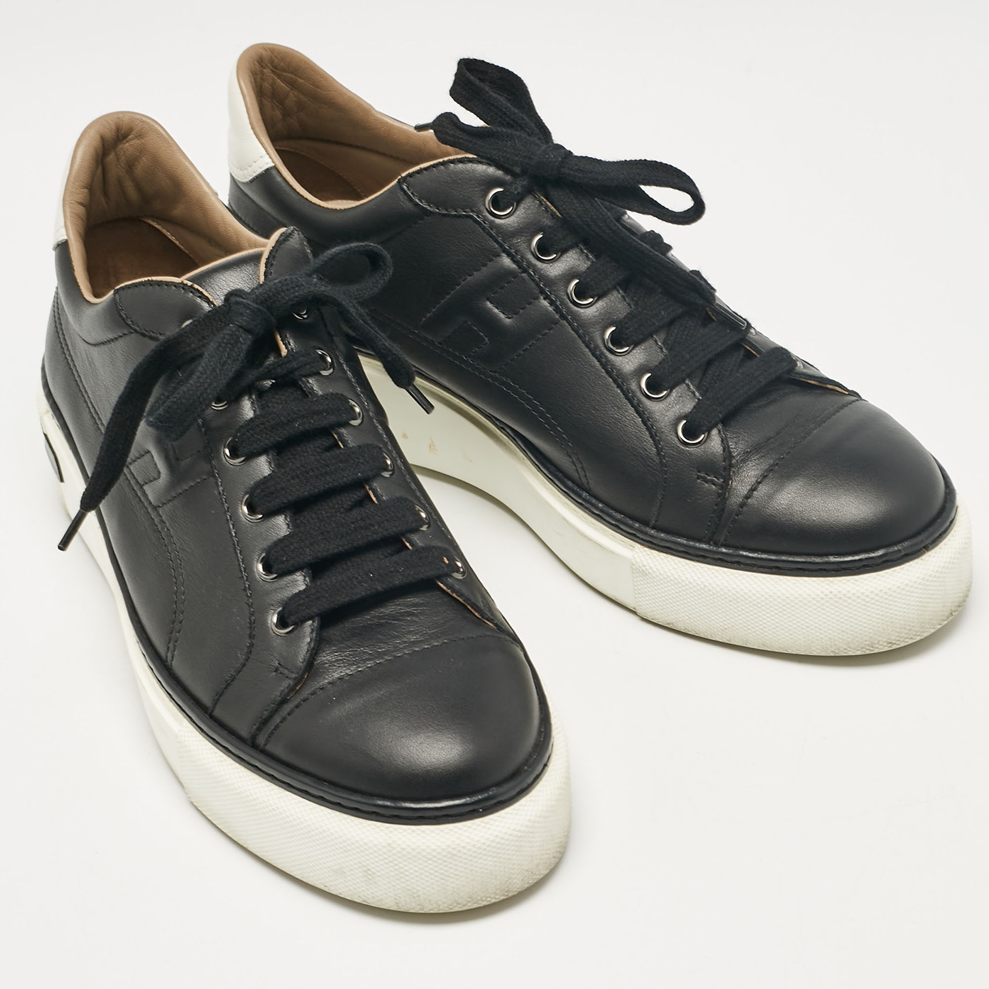 Hermes Black Leather Quicker Low Top Sneakers Size 39.5