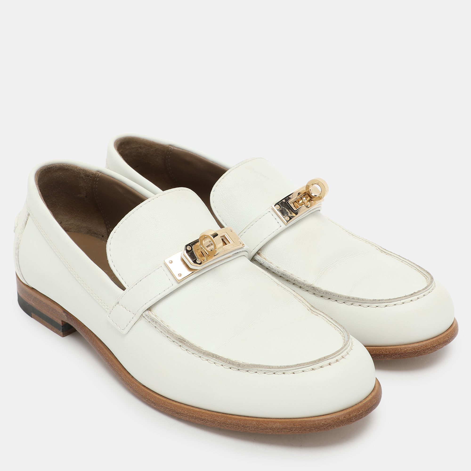 Hermes White Leather Destin Loafers Size 35