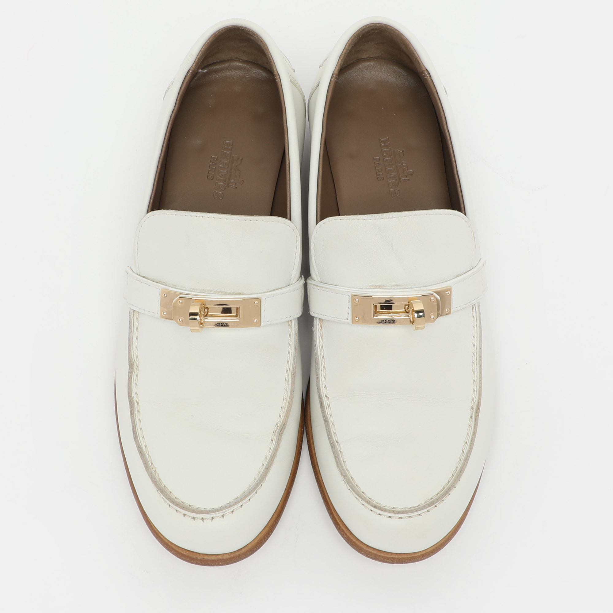 Hermes White Leather Destin Loafers Size 35