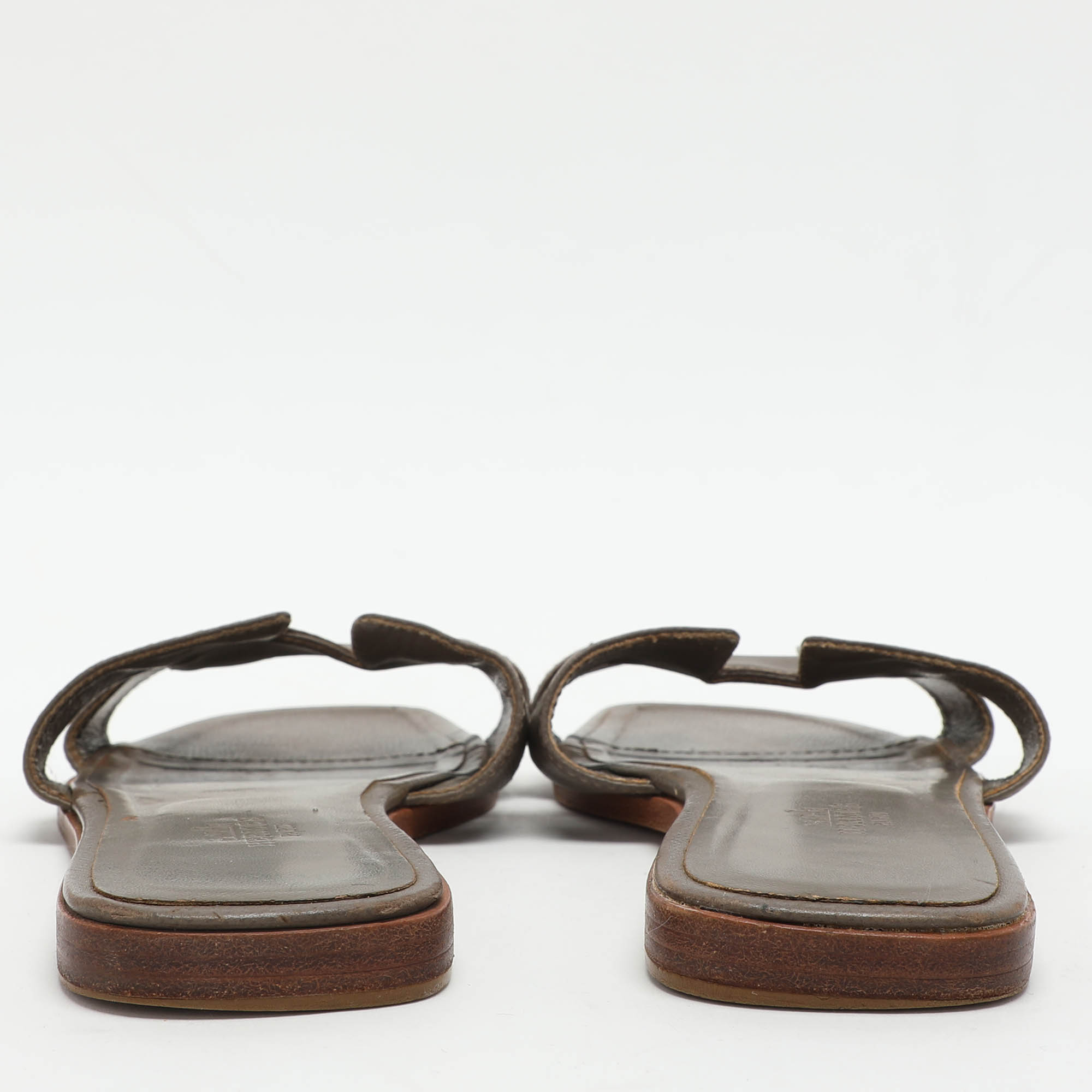 Hermes Grey Leather Oran Flat Slides Size 41