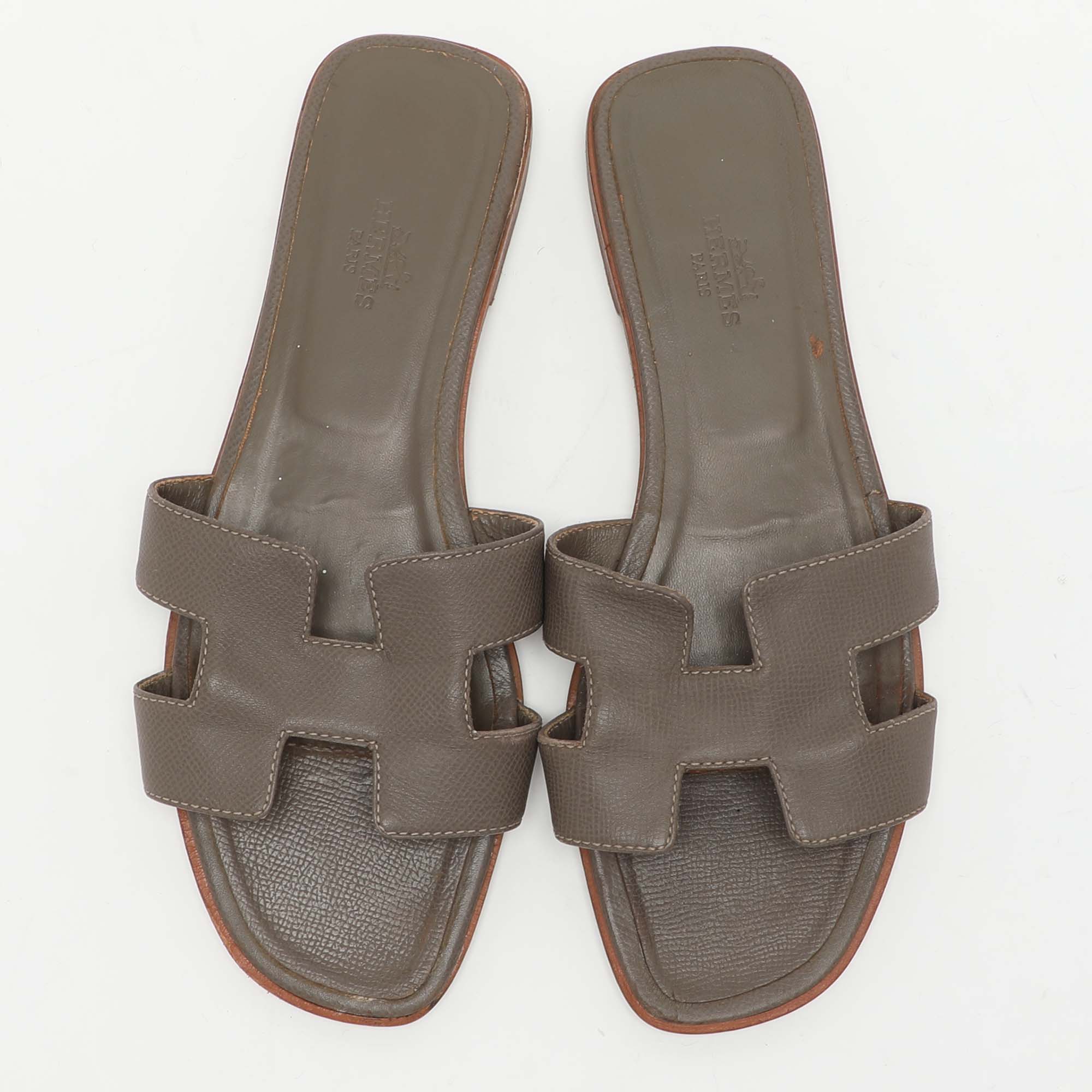 Hermes Grey Leather Oran Flat Slides Size 41