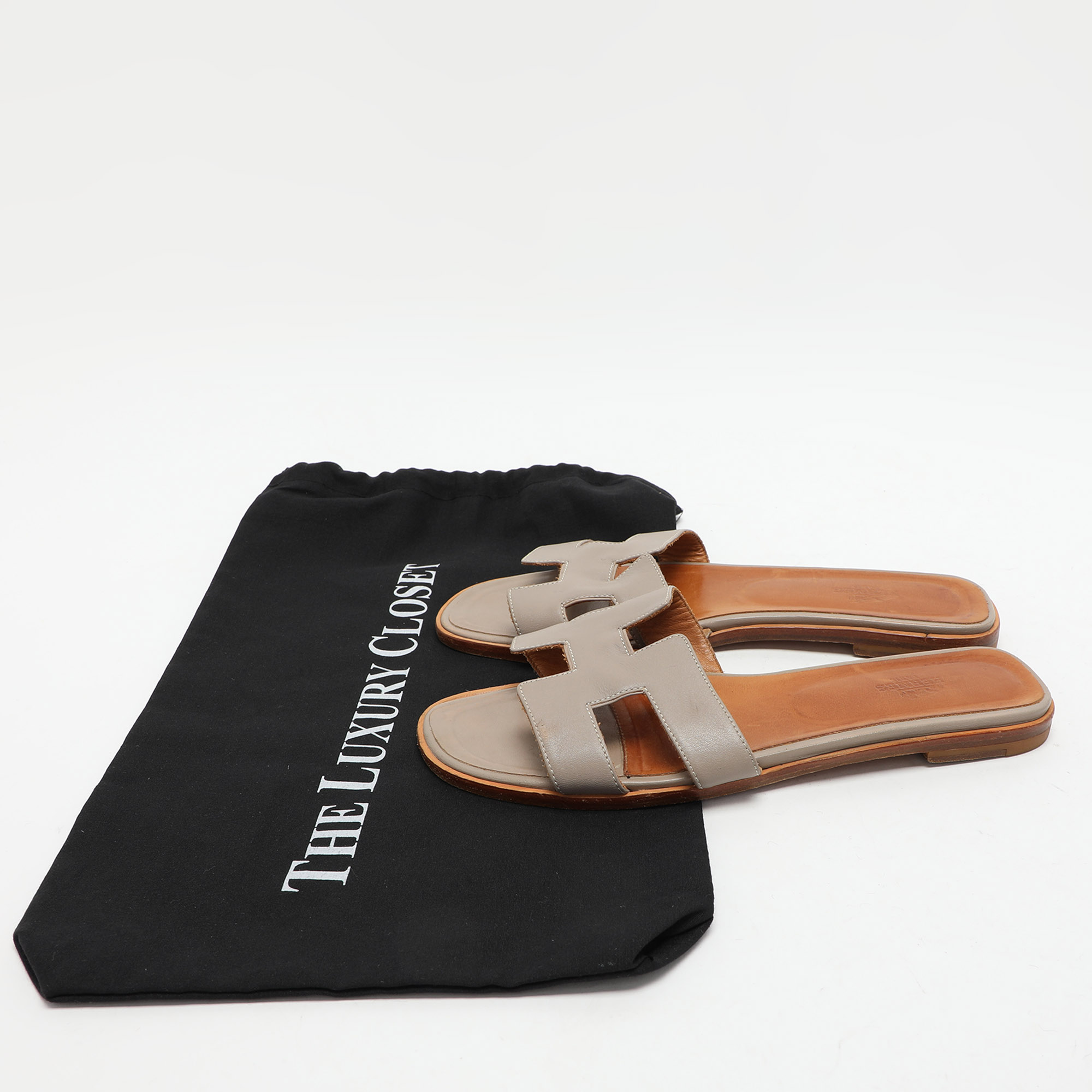 Hermes Grey Leather Oran Flat Slides Size 40