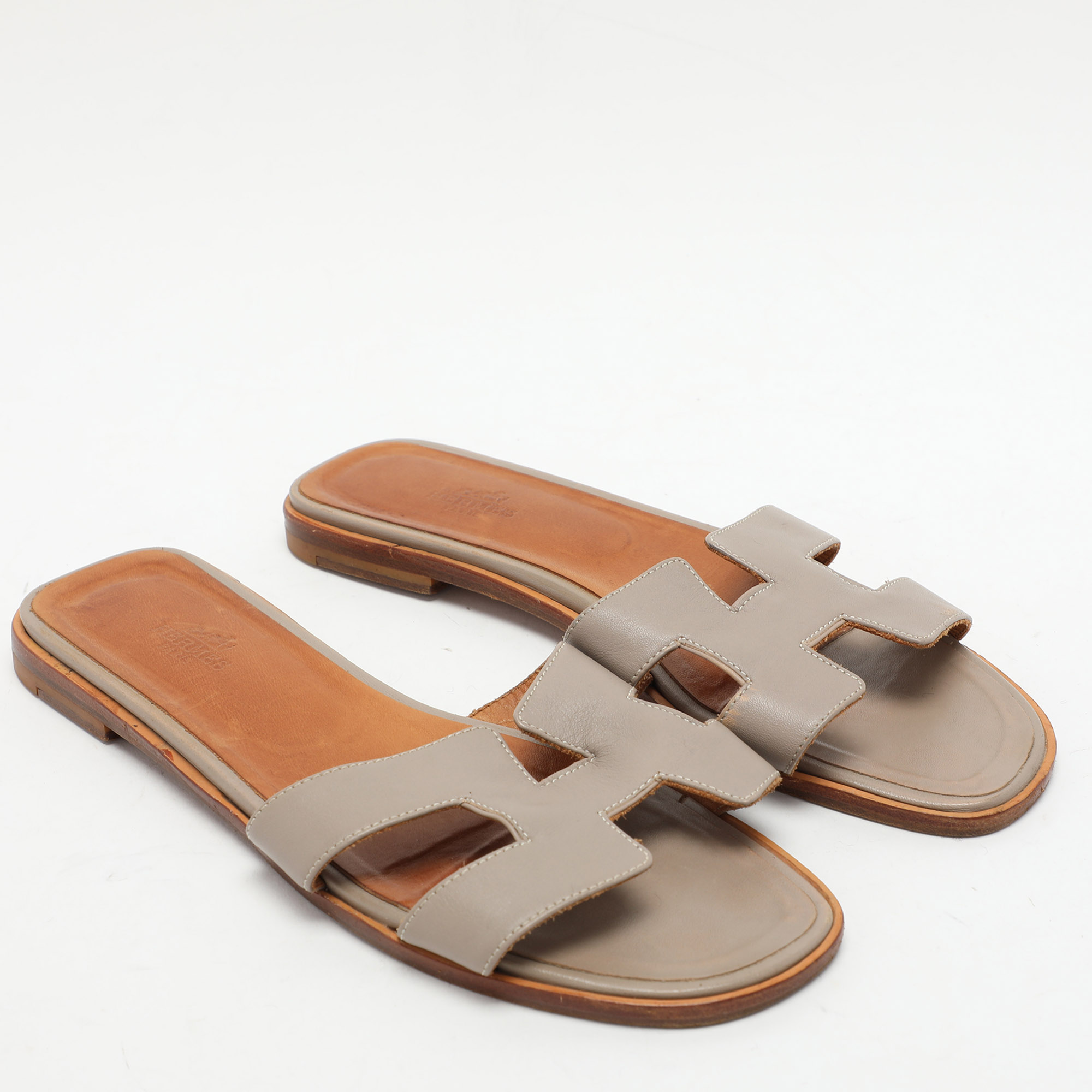 Hermes Grey Leather Oran Flat Slides Size 40