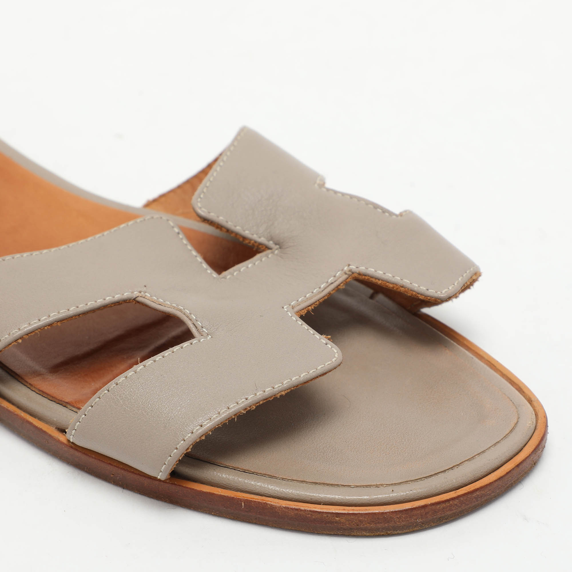 Hermes Grey Leather Oran Flat Slides Size 40