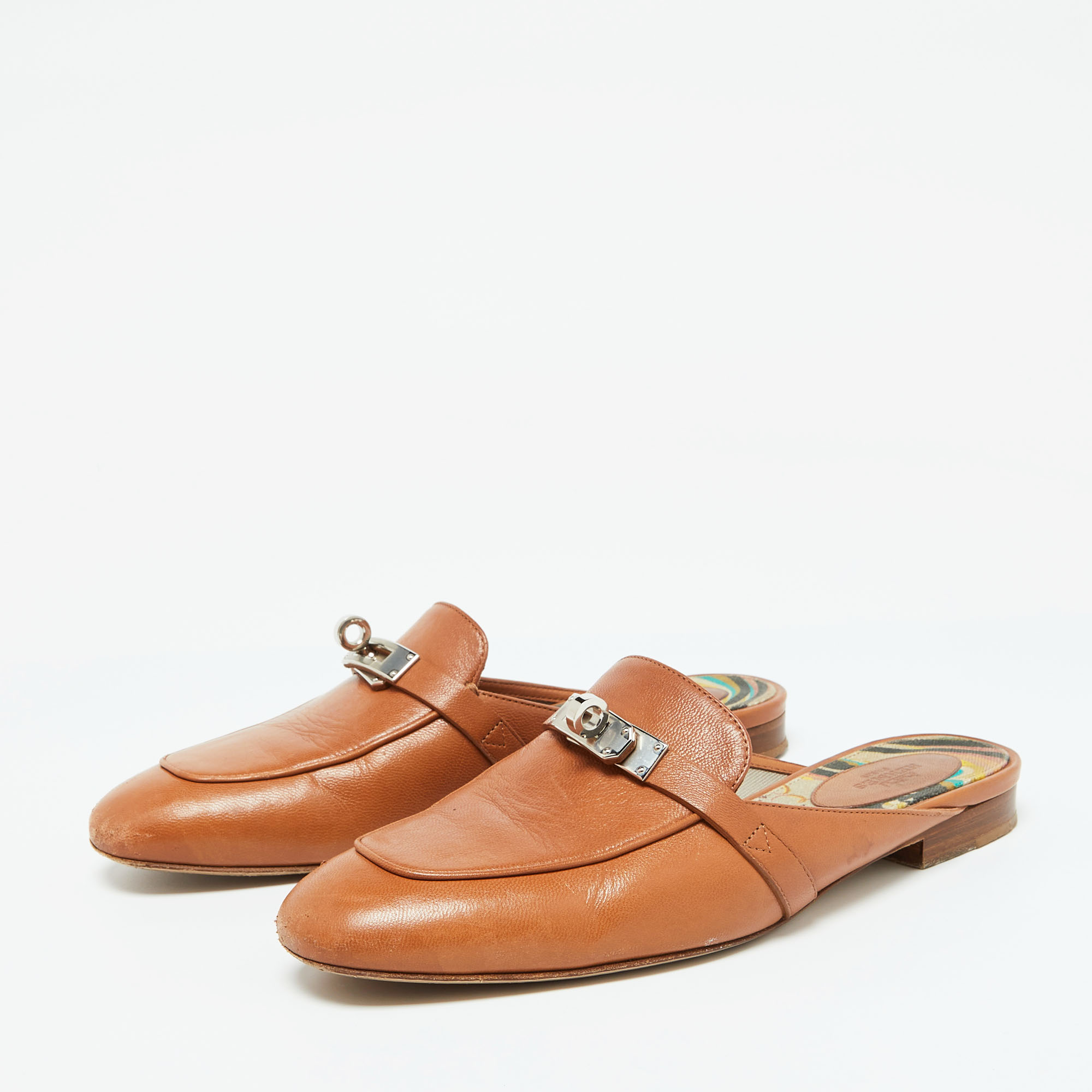 Hermes Brown Leather Oz Flat Mules Size 37.5