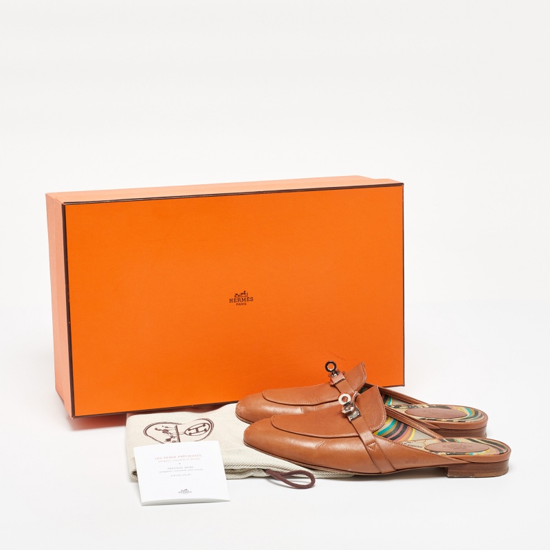 Hermes Brown Leather Oz Flat Mules Size 37.5