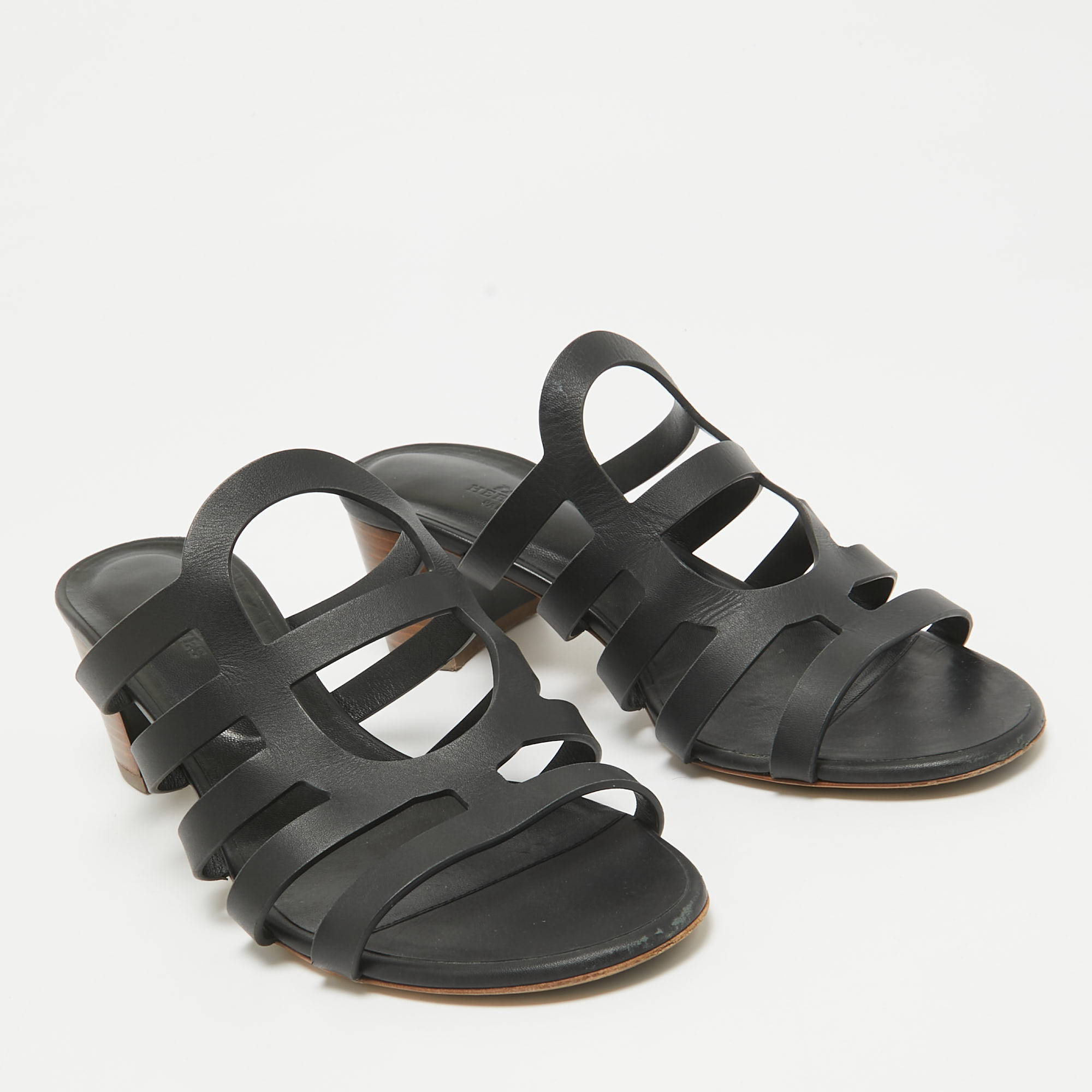 Hermes Black Leather Celena Slide Sandals Size 40