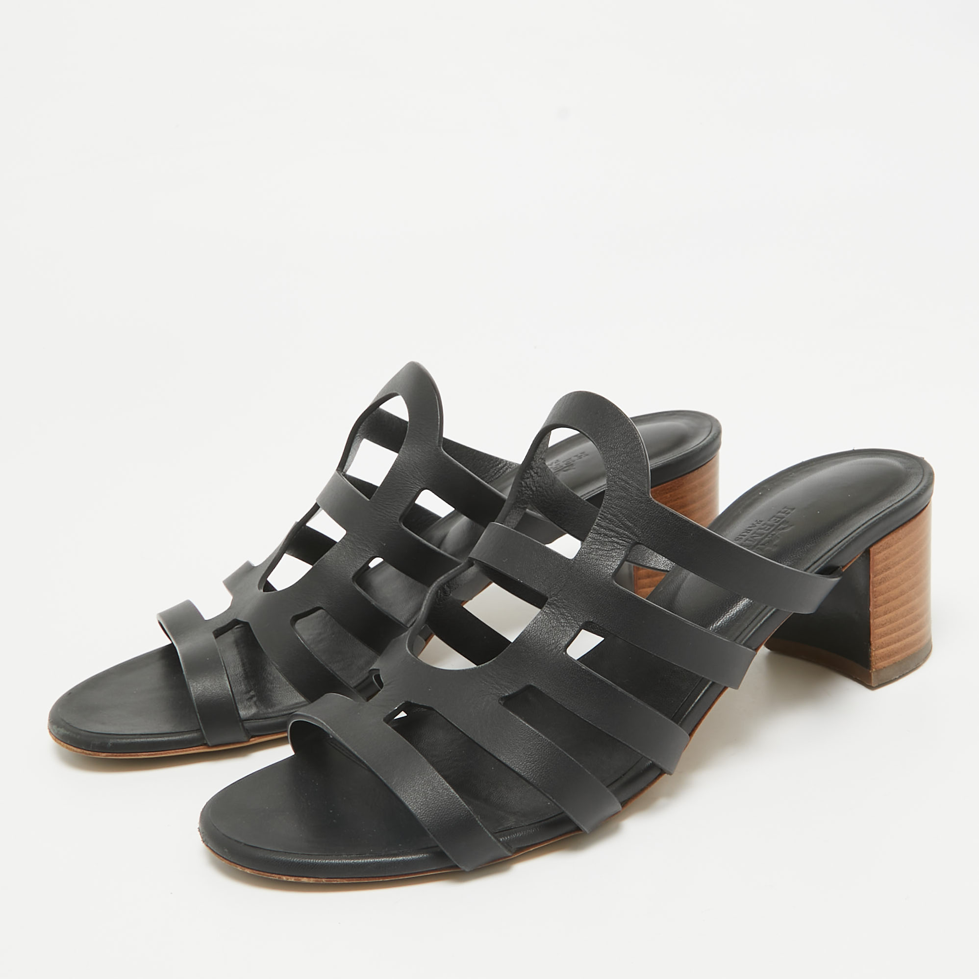 Hermes Black Leather Celena Slide Sandals Size 40