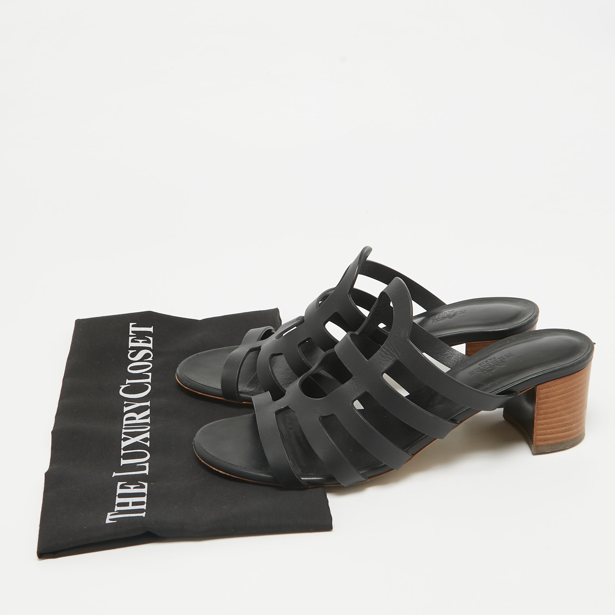 Hermes Black Leather Celena Slide Sandals Size 40