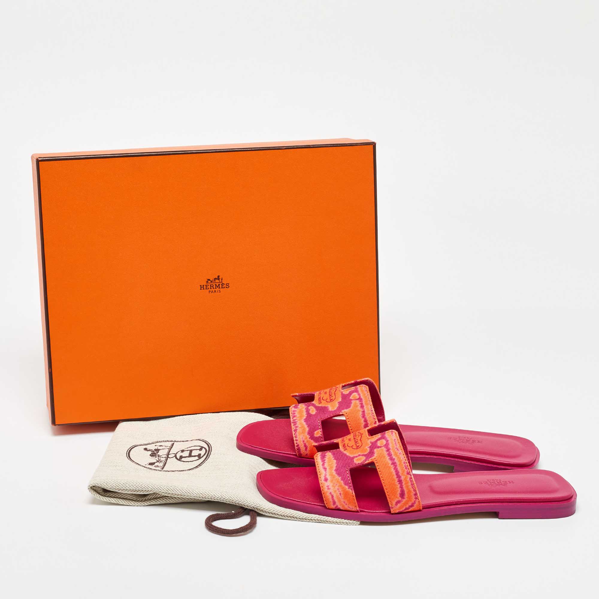 Hermes Orange/Rose Pink Canvas Oran Flat Sandals Size 38