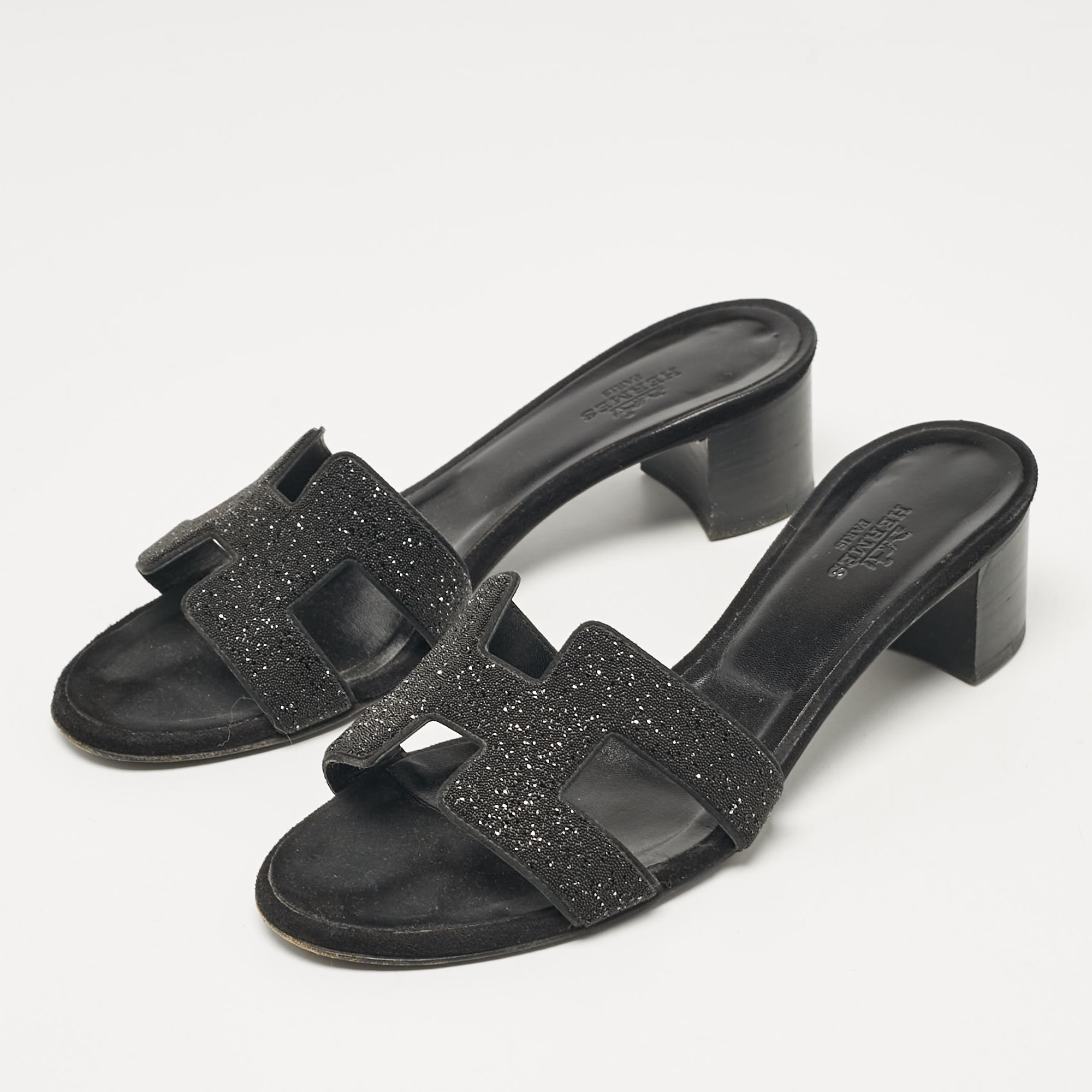 Hermes Black Glitter And Suede Oasis Slide Sandals Size 36.5