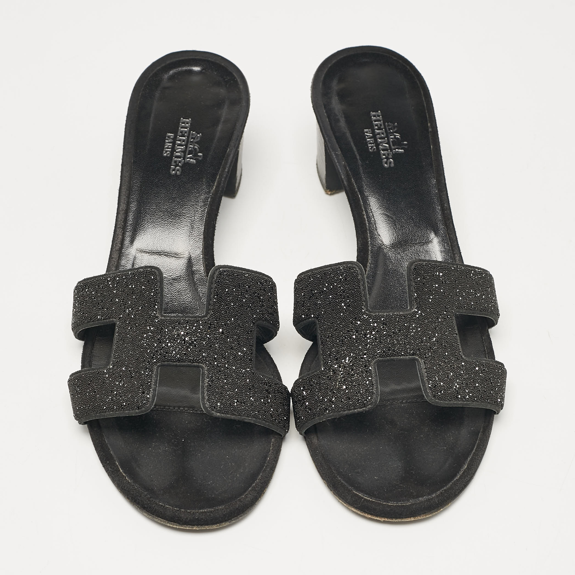 Hermes Black Glitter And Suede Oasis Slide Sandals Size 36.5