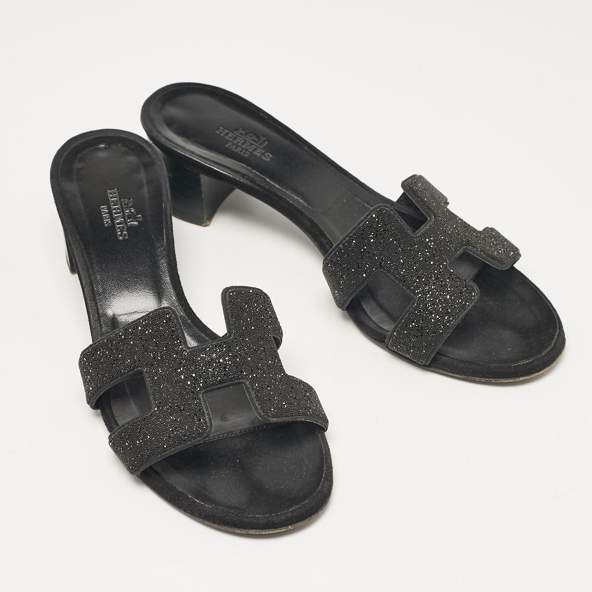 Hermes Black Glitter And Suede Oasis Slide Sandals Size 36.5