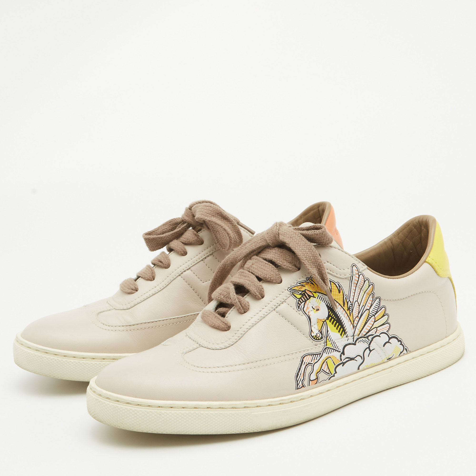 Hermes Beige Leather Quicker Lace Up Sneakers Size 37