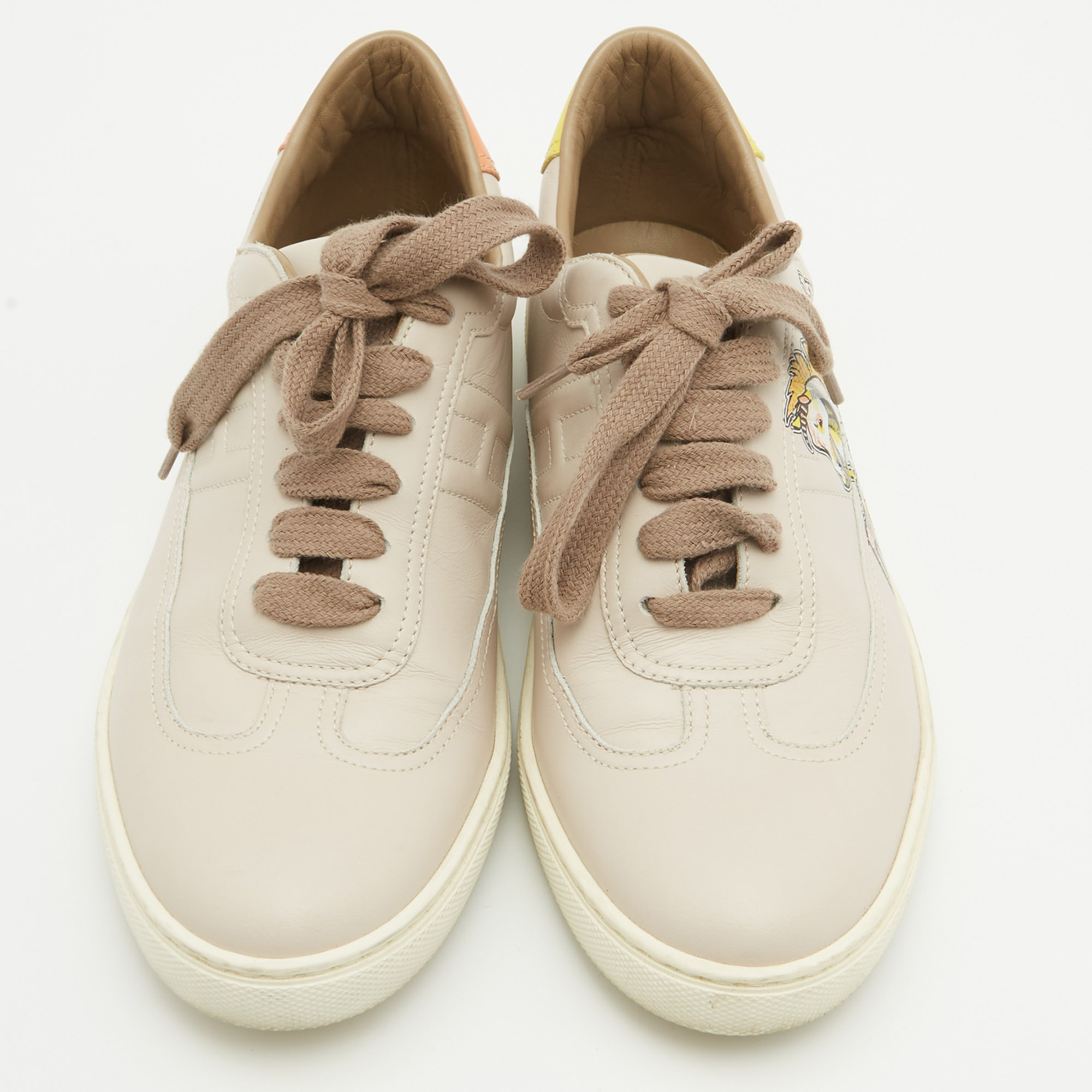 Hermes Beige Leather Quicker Lace Up Sneakers Size 37