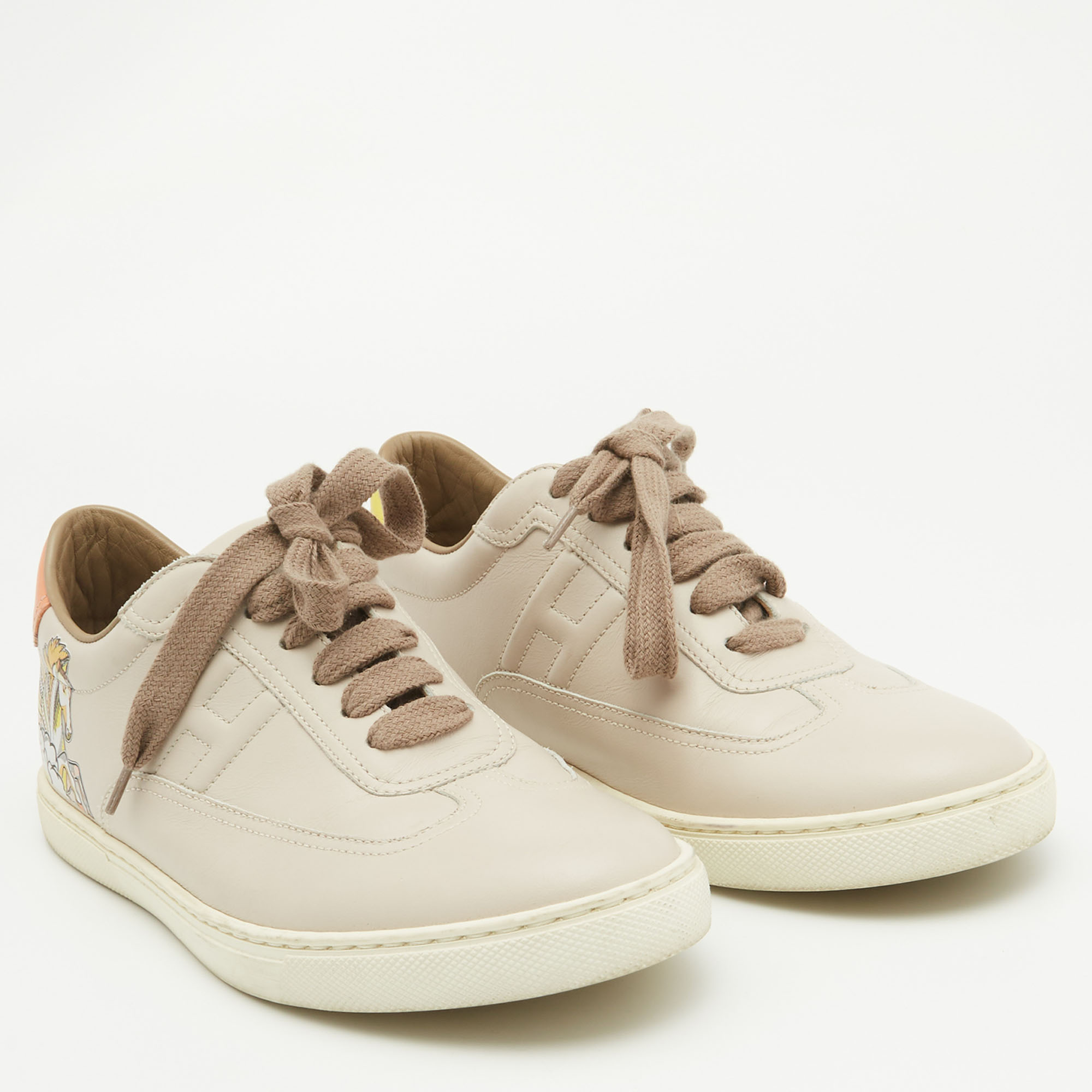 Hermes Beige Leather Quicker Lace Up Sneakers Size 37