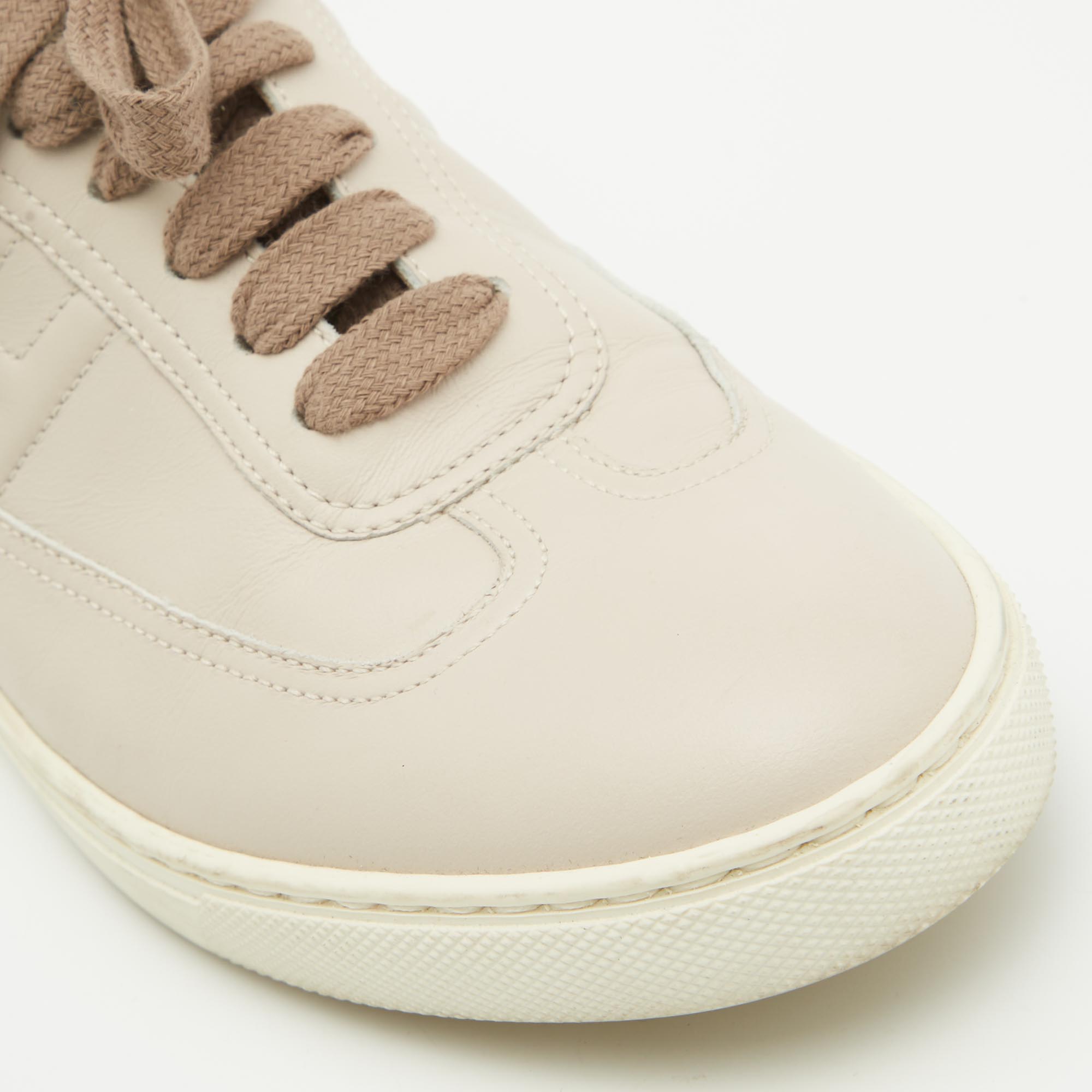 Hermes Beige Leather Quicker Lace Up Sneakers Size 37