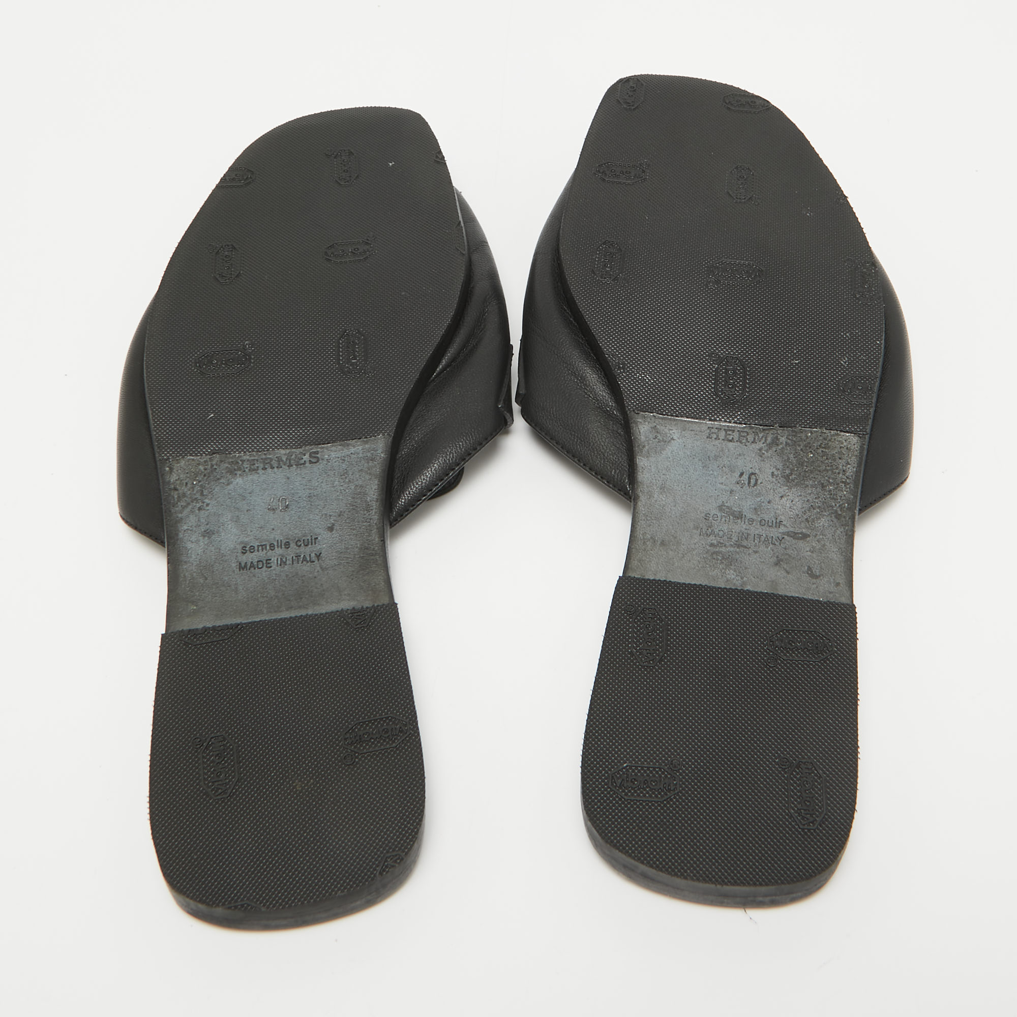 Hermes Black Leather Auteuil Flat Slide Sandals Size 40