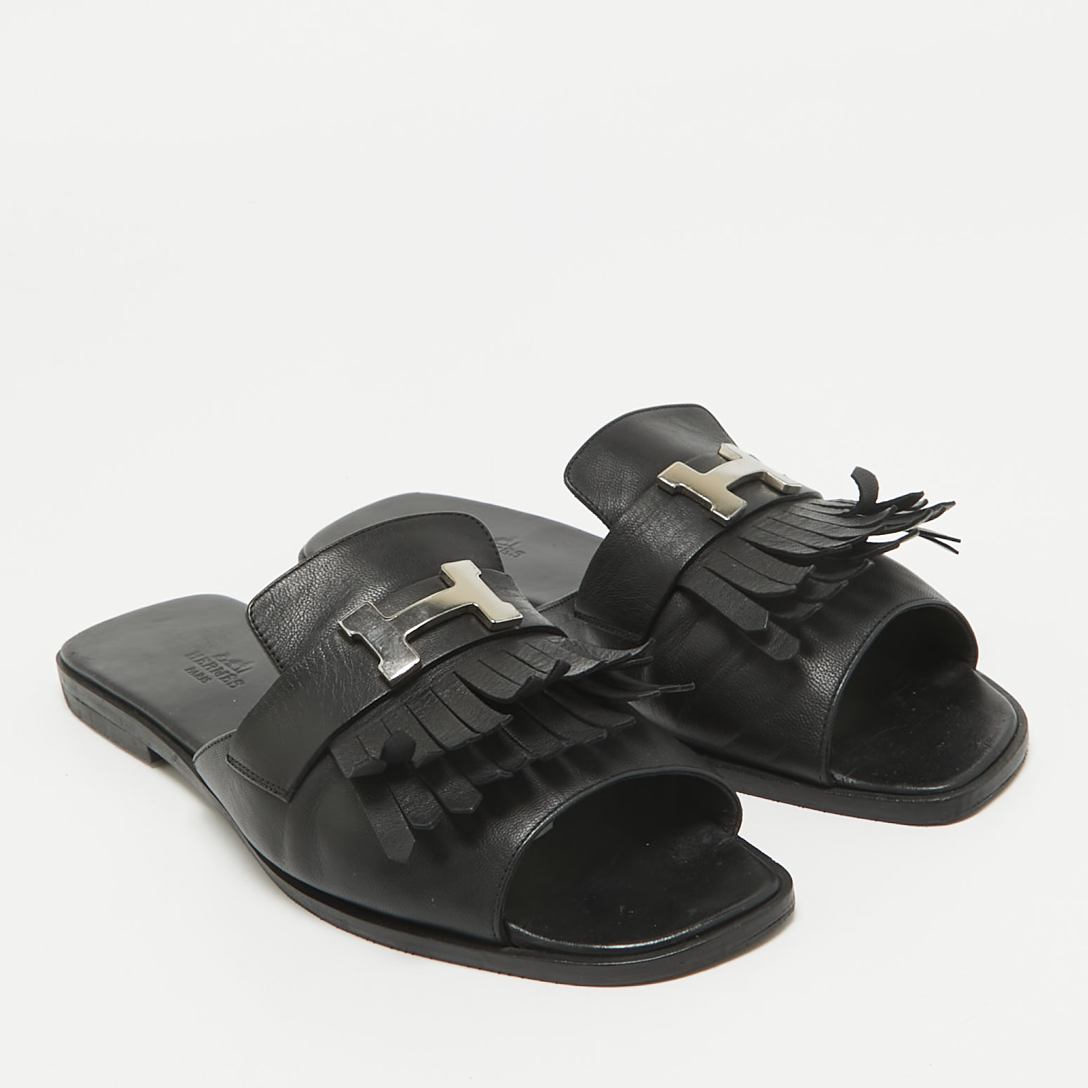 Hermes Black Leather Auteuil Flat Slide Sandals Size 40