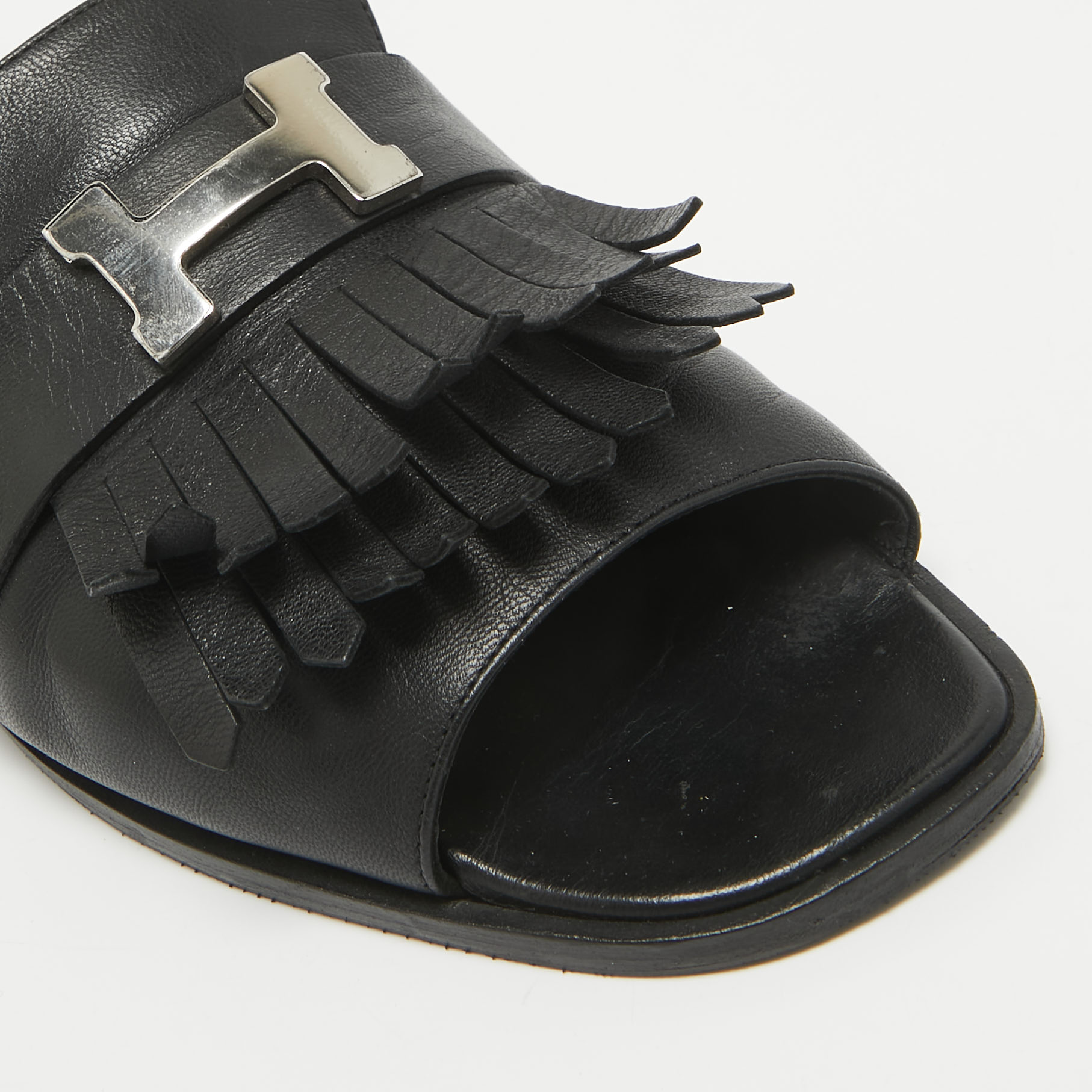 Hermes Black Leather Auteuil Flat Slide Sandals Size 40