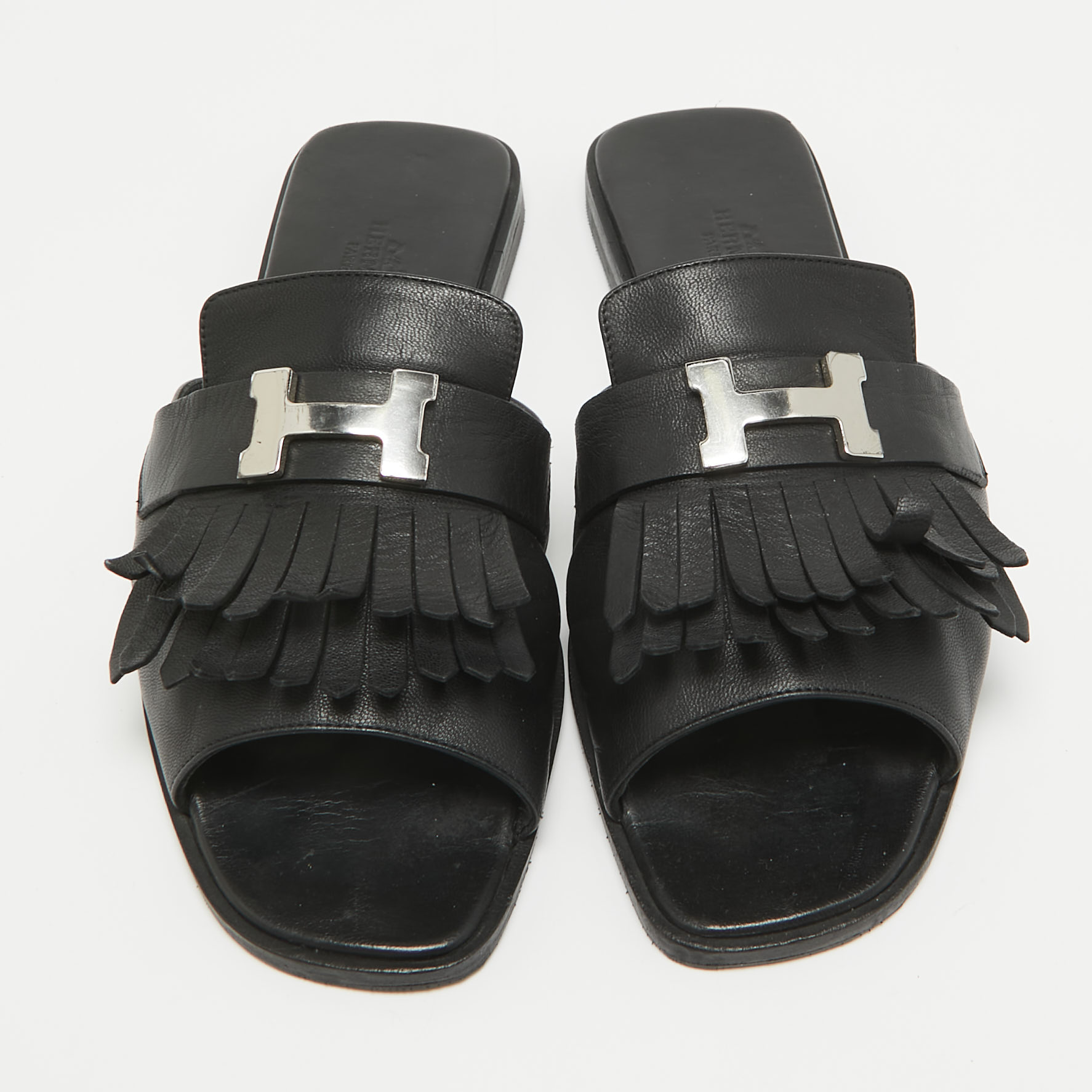 Hermes Black Leather Auteuil Flat Slide Sandals Size 40