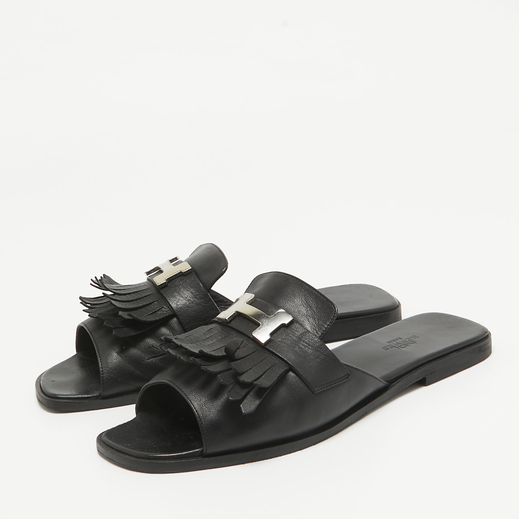 Hermes Black Leather Auteuil Flat Slide Sandals Size 40