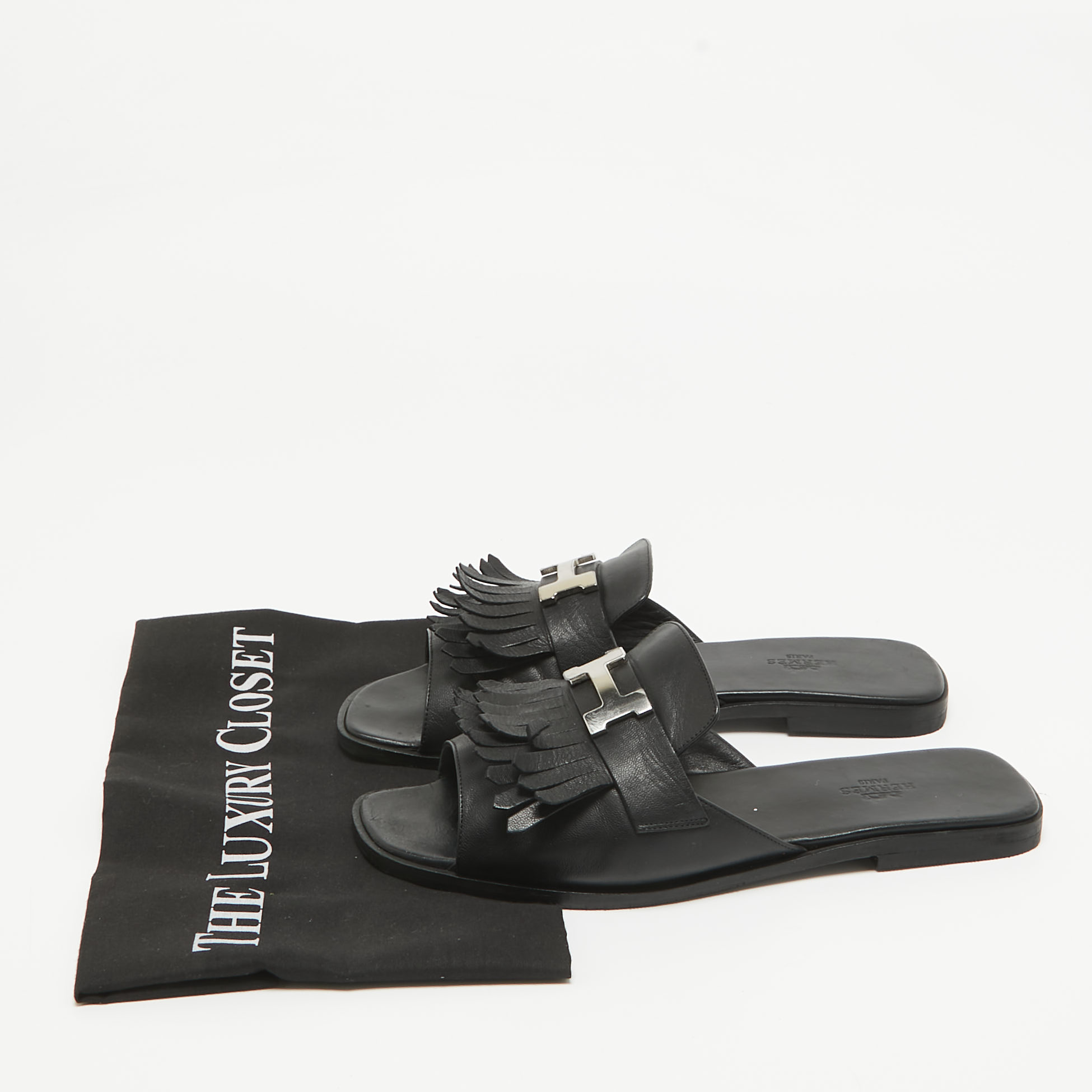 Hermes Black Leather Auteuil Flat Slide Sandals Size 40