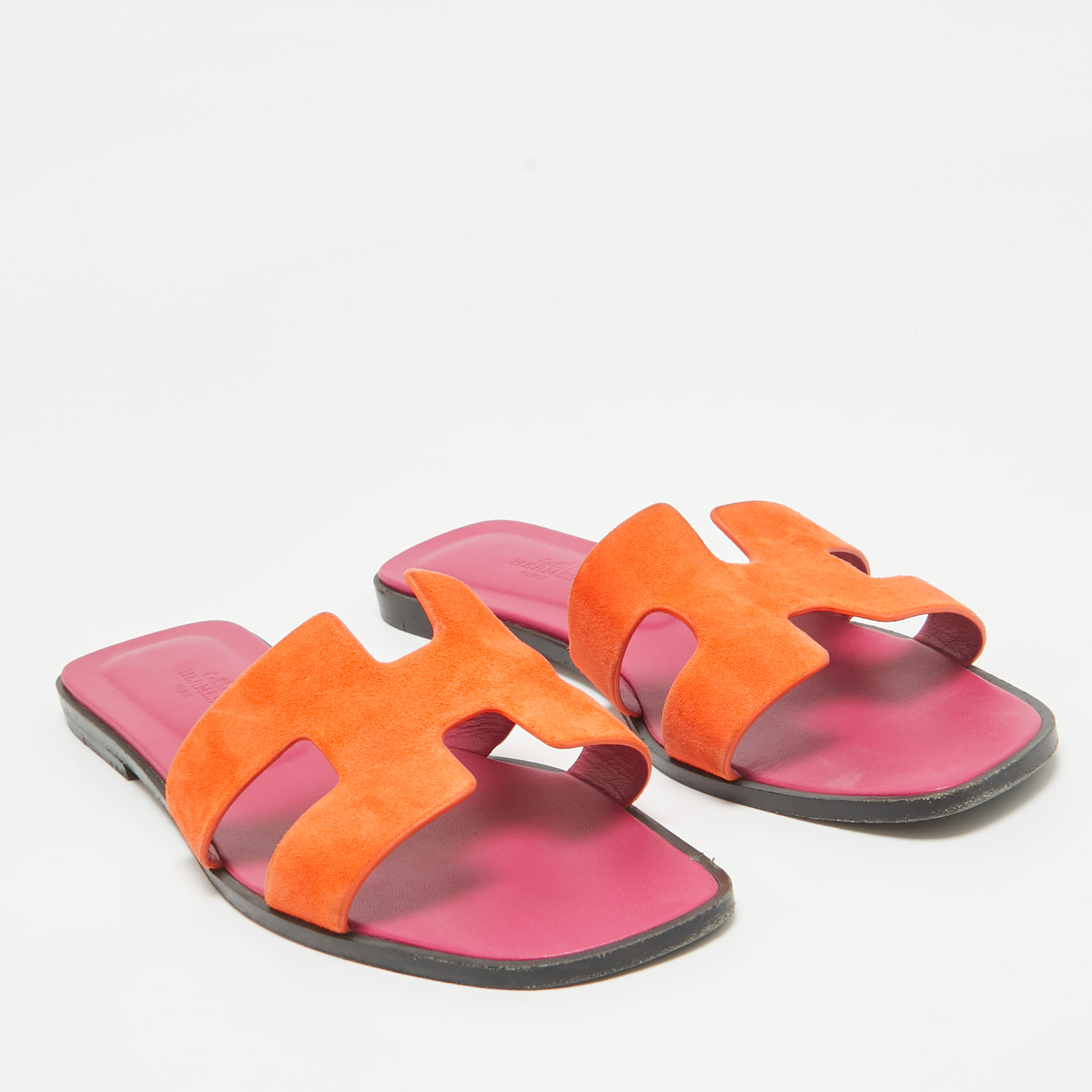 Hermes Orange Suede Oran Flat Slides Size 41.5