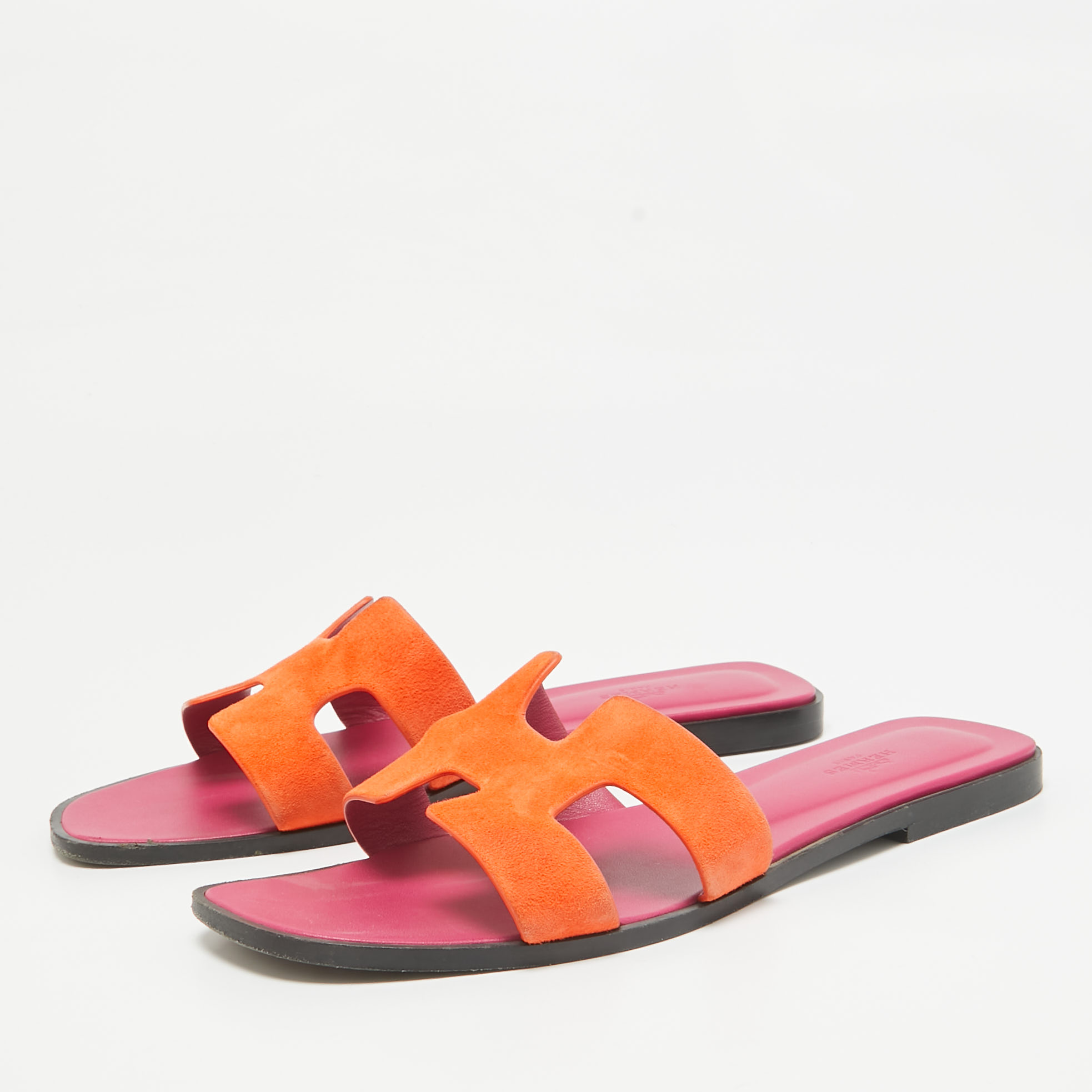 Hermes Orange Suede Oran Flat Slides Size 41.5