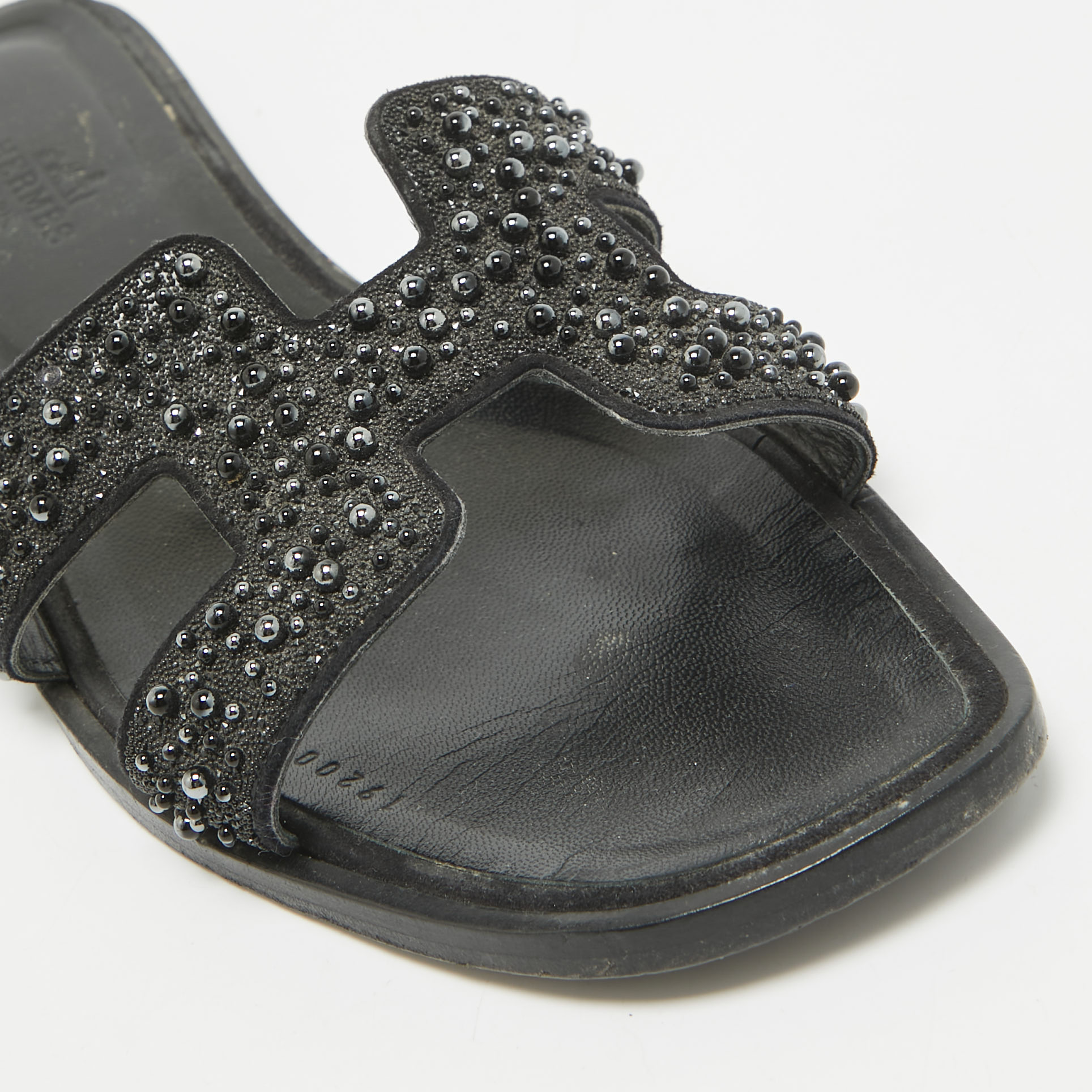 Hermes Black Beaded Suede Oran Flat Slides Size 38.5