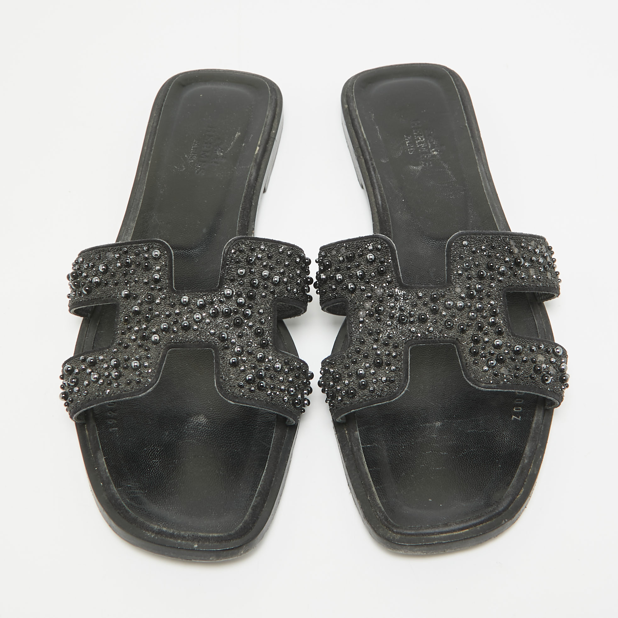 Hermes Black Beaded Suede Oran Flat Slides Size 38.5