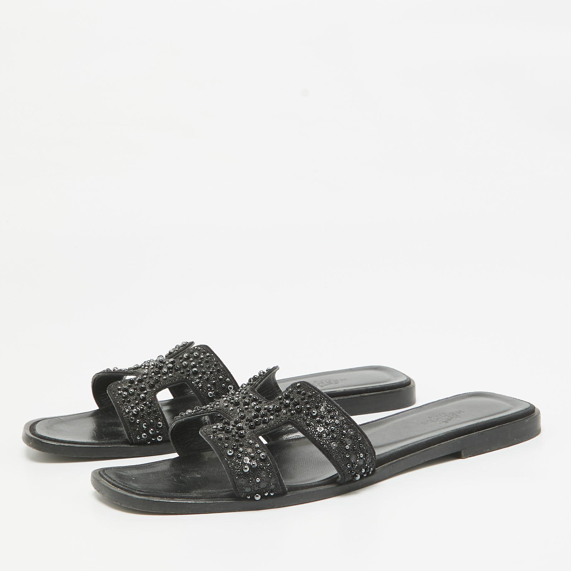 Hermes Black Beaded Suede Oran Flat Slides Size 38.5