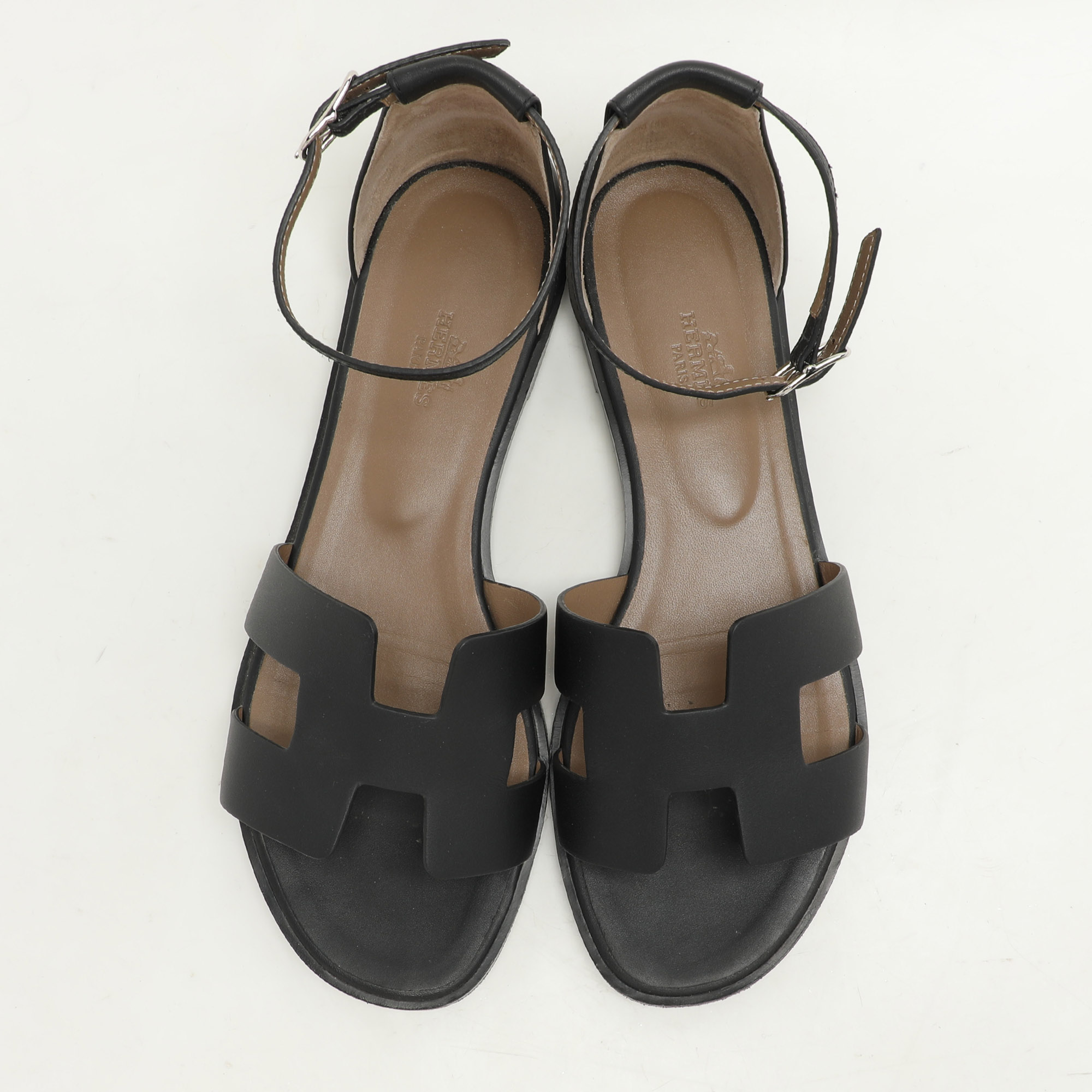 Hermes Black Leather Santorini Flat Sandals Size 39