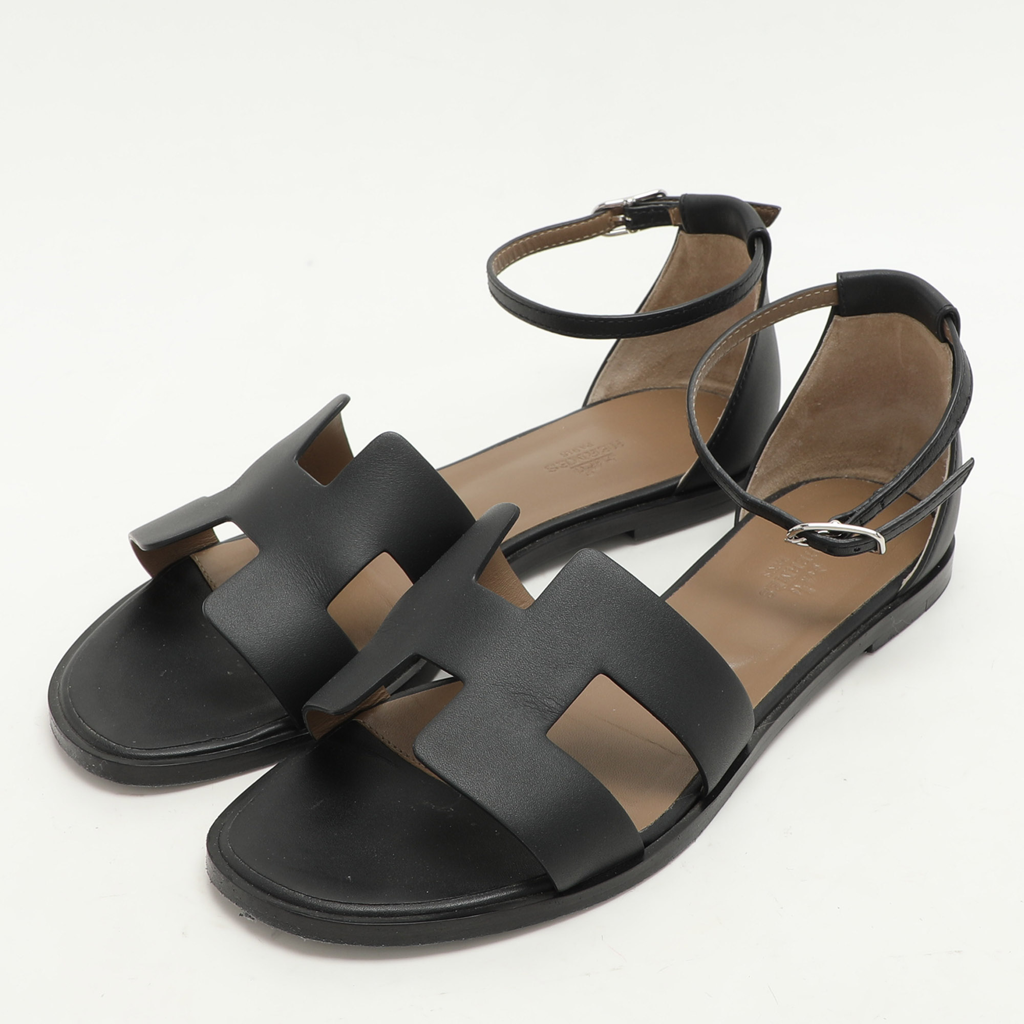 Hermes Black Leather Santorini Flat Sandals Size 39