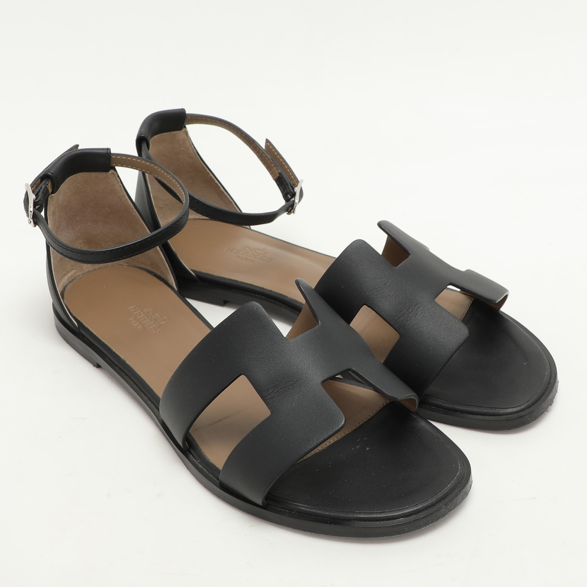 Hermes Black Leather Santorini Flat Sandals Size 39