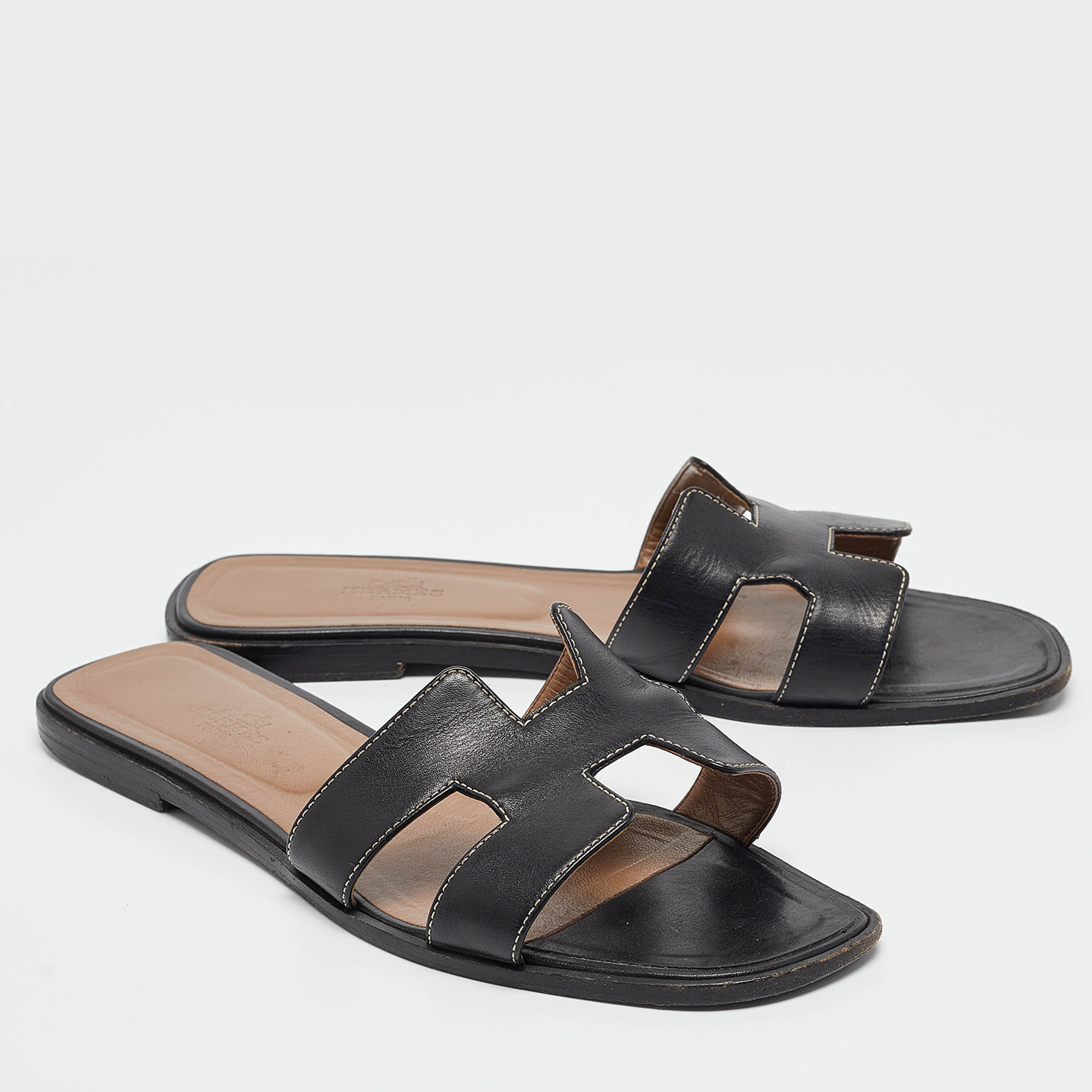 Hermes Black Leather Oran Flat Slides Size 40.5