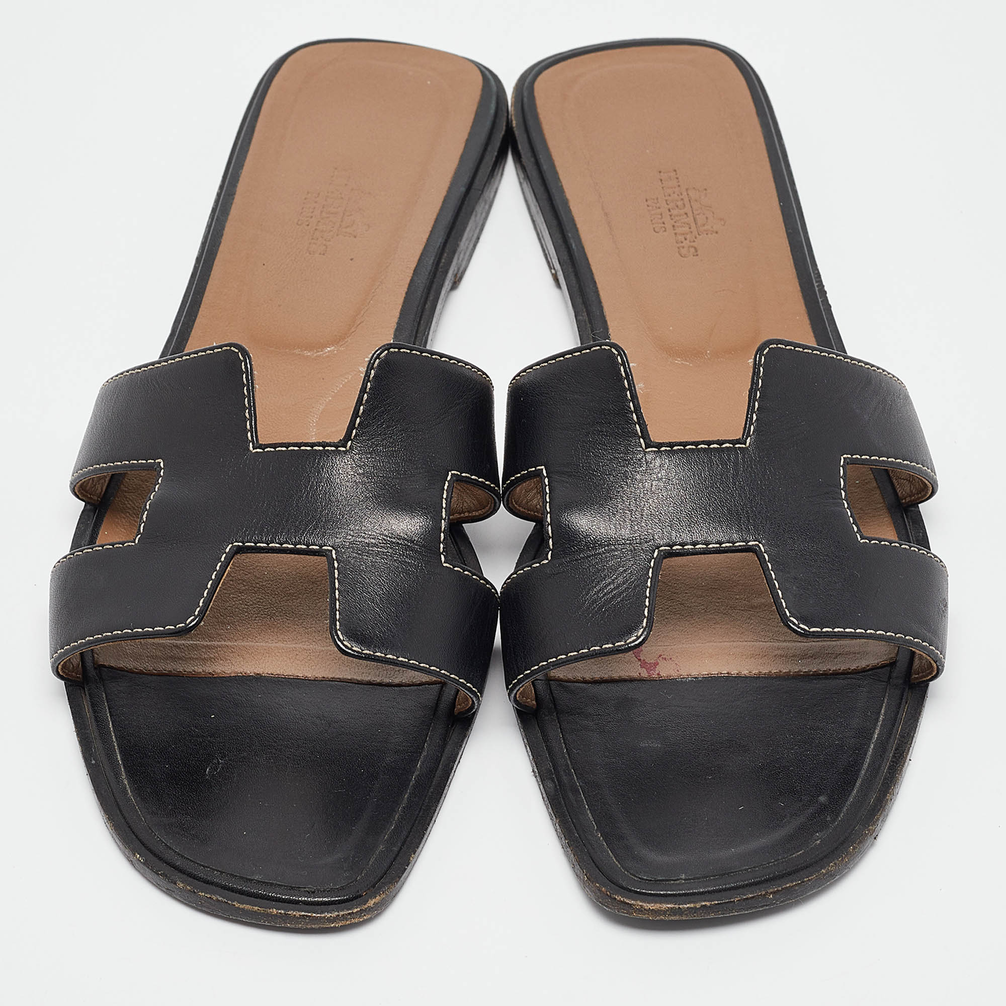 Hermes Black Leather Oran Flat Slides Size 40.5