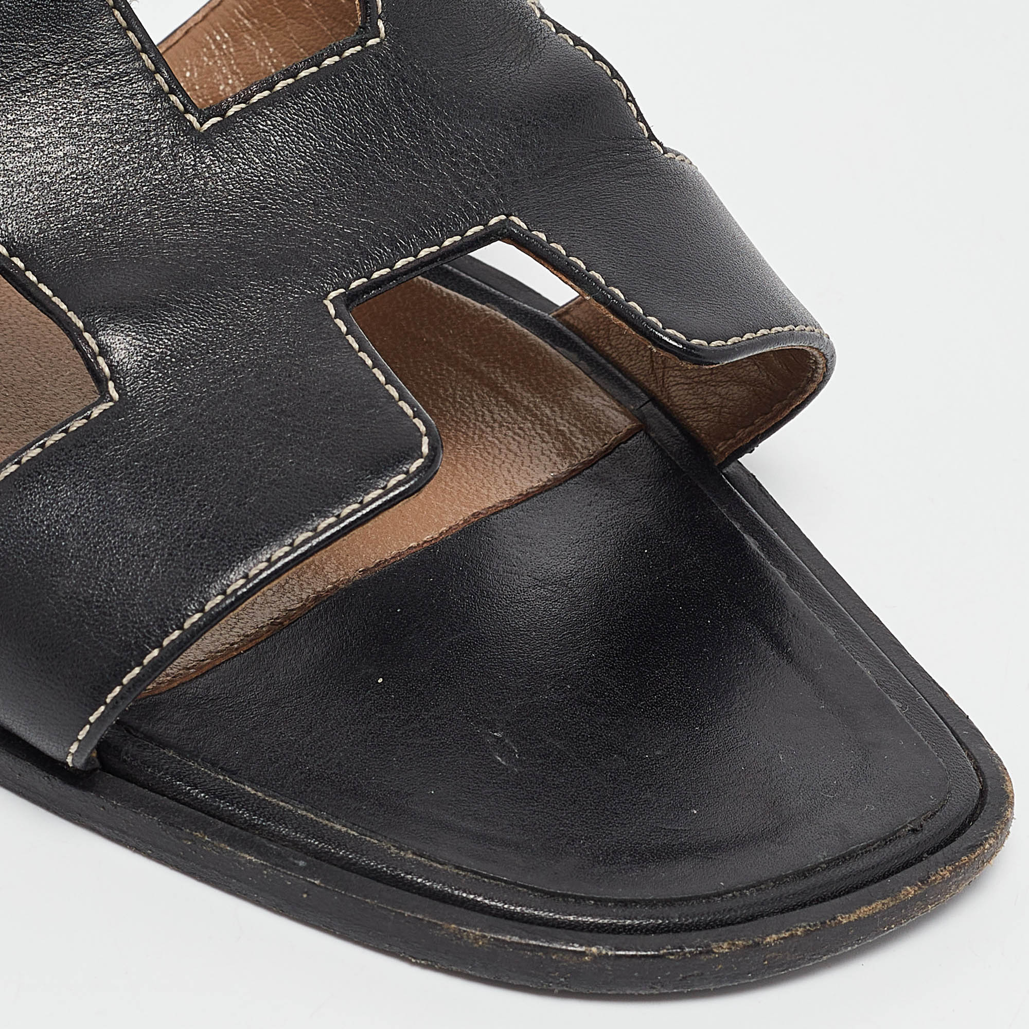 Hermes Black Leather Oran Flat Slides Size 40.5