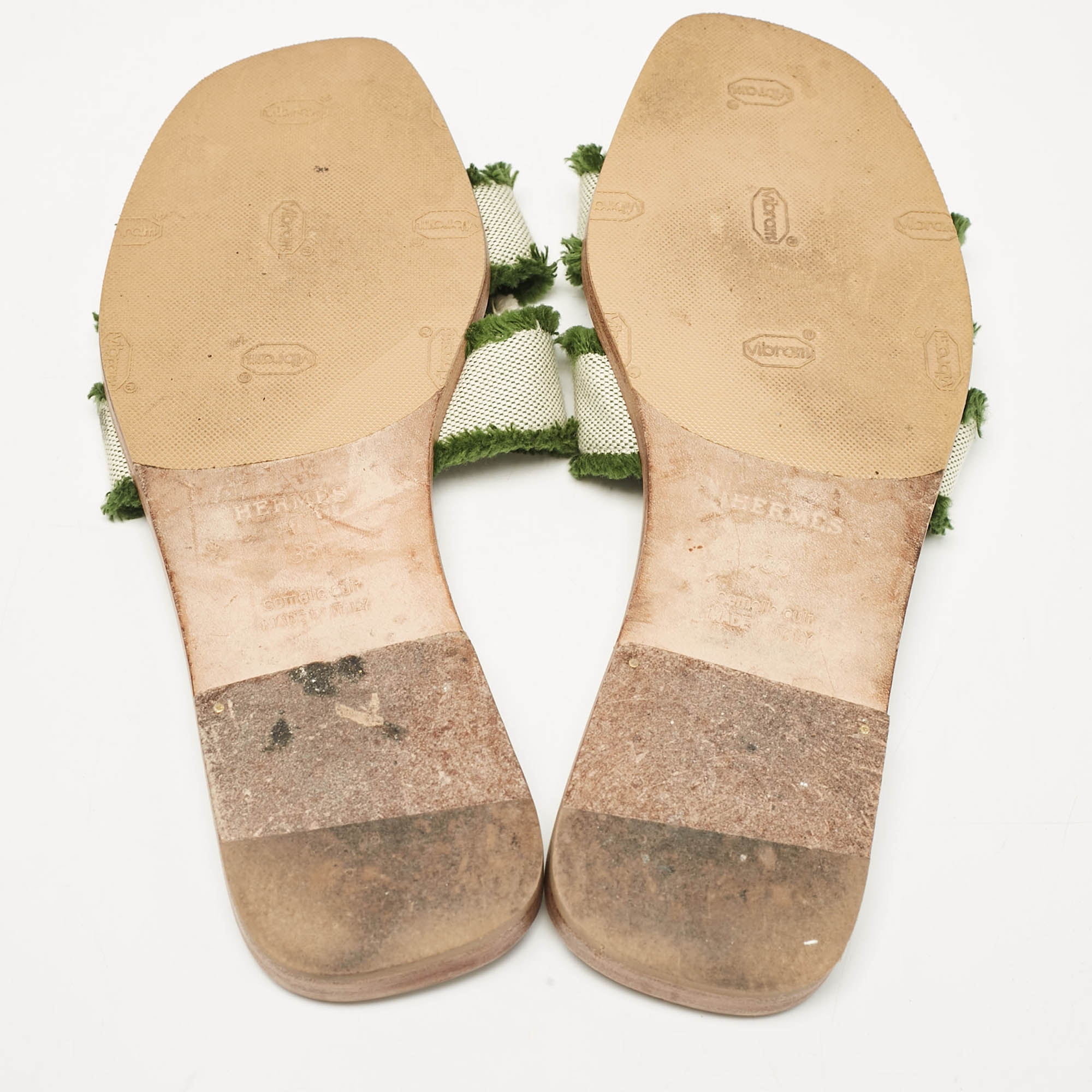 Hermes Green/White Canvas Oran Flat Slides Size 38