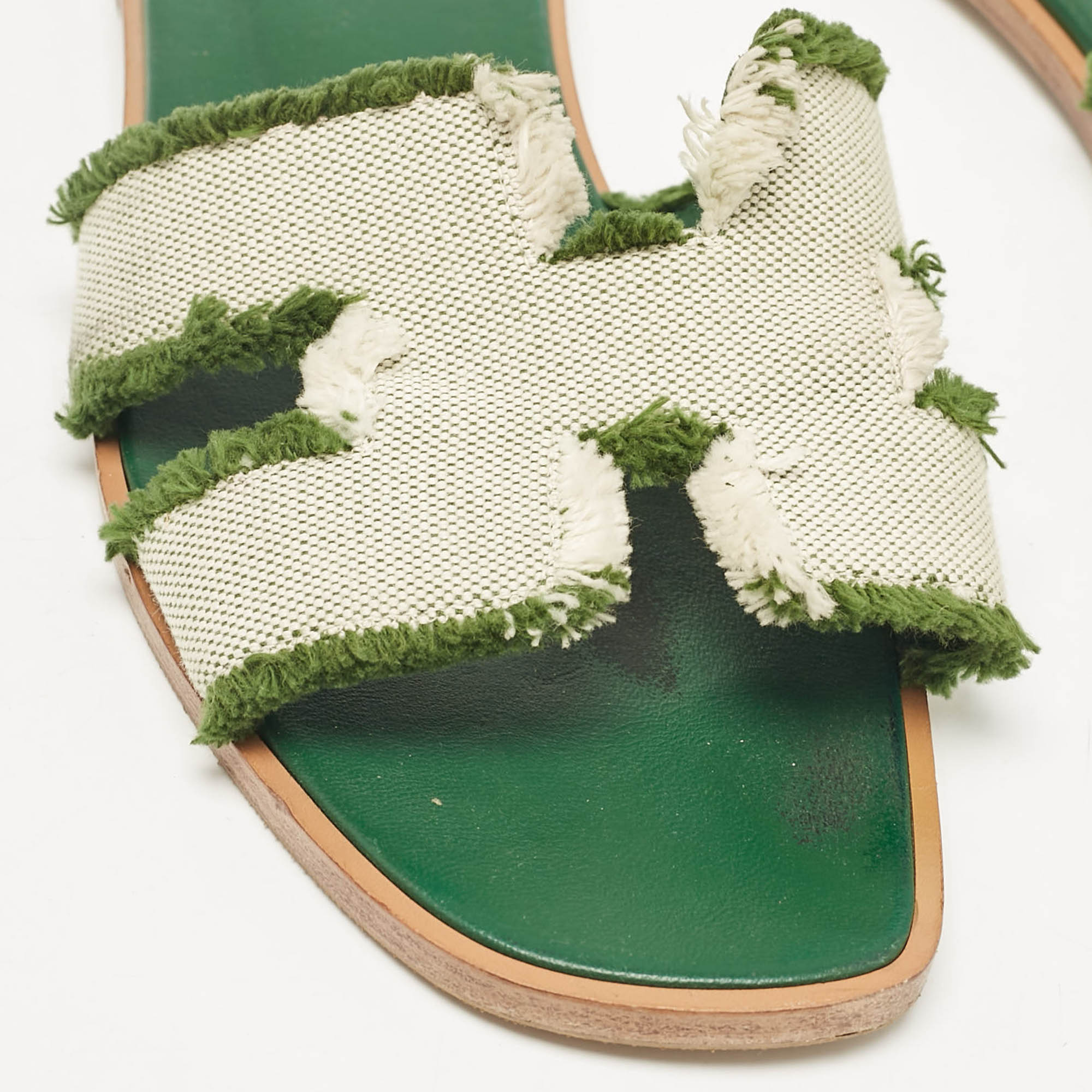 Hermes Green/White Canvas Oran Flat Slides Size 38