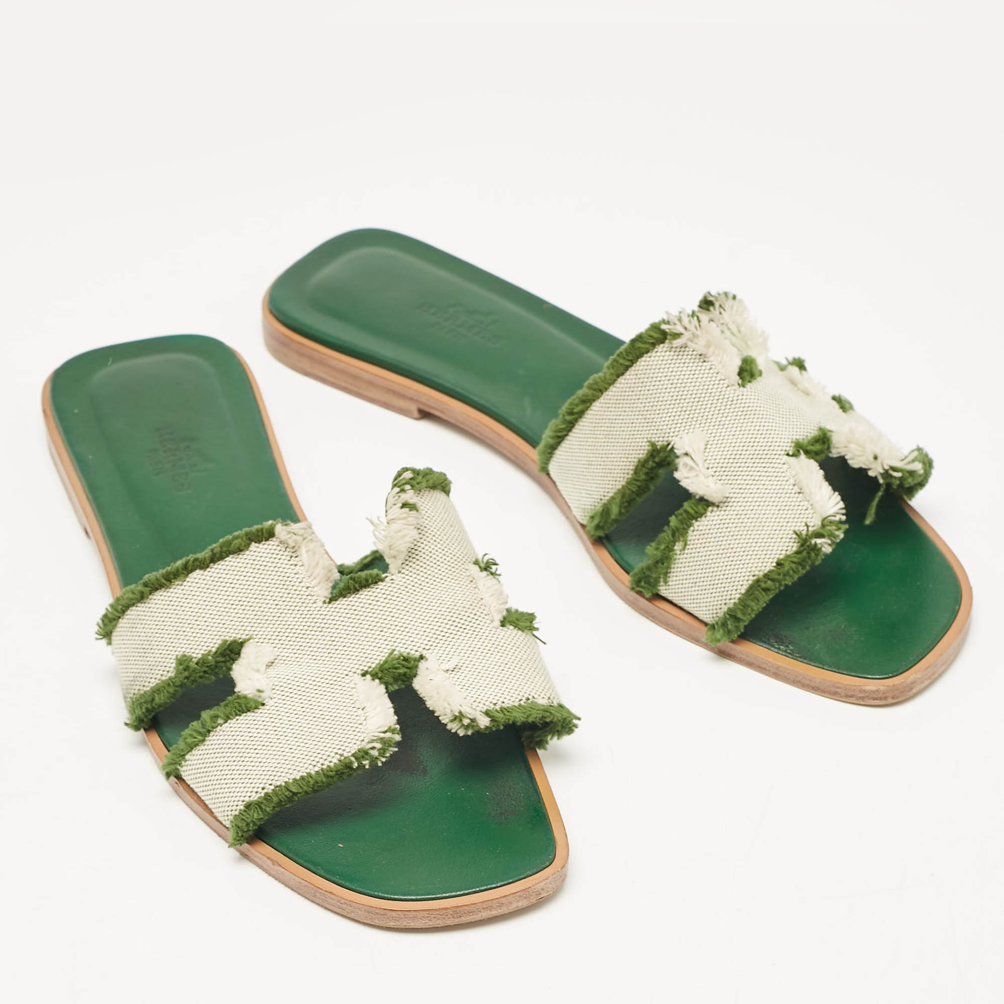 Hermes Green/White Canvas Oran Flat Slides Size 38